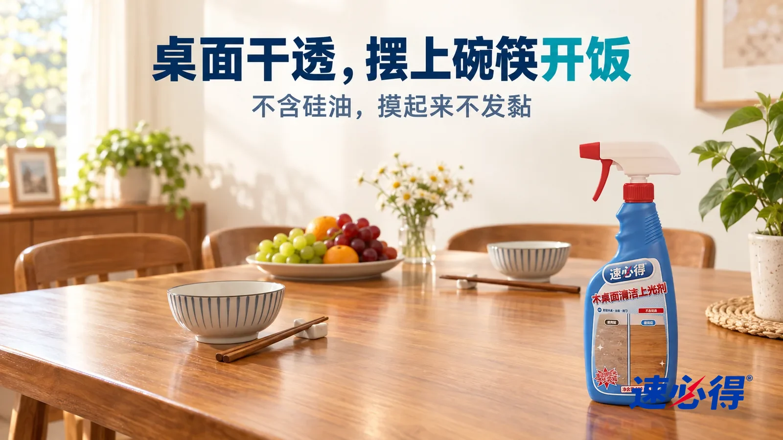 示意图：速必得木桌面清洁上光剂——傍晚明亮的餐厅，一张封漆实木餐桌在柔和窗光下光泽温润、木纹清楚，桌上整齐摆着两副碗筷和一盘水果，椅子轻轻推在桌下，标题“桌面干透，摆上碗筷开饭”