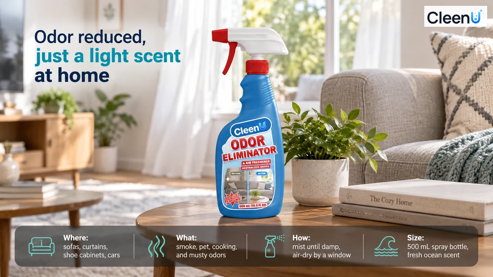 Illustration: A blue spray bottle on a wooden coffee table beside a fabric sofa.