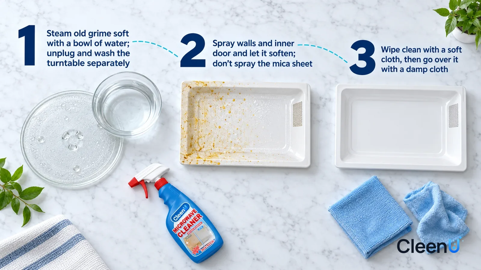 Illustration: CleenU Microwave Cleaner — an overhead shot straight down onto a light marble tabletop, no bottle and no hands: (1) a removed glass turntable and a heat-safe glass bow
