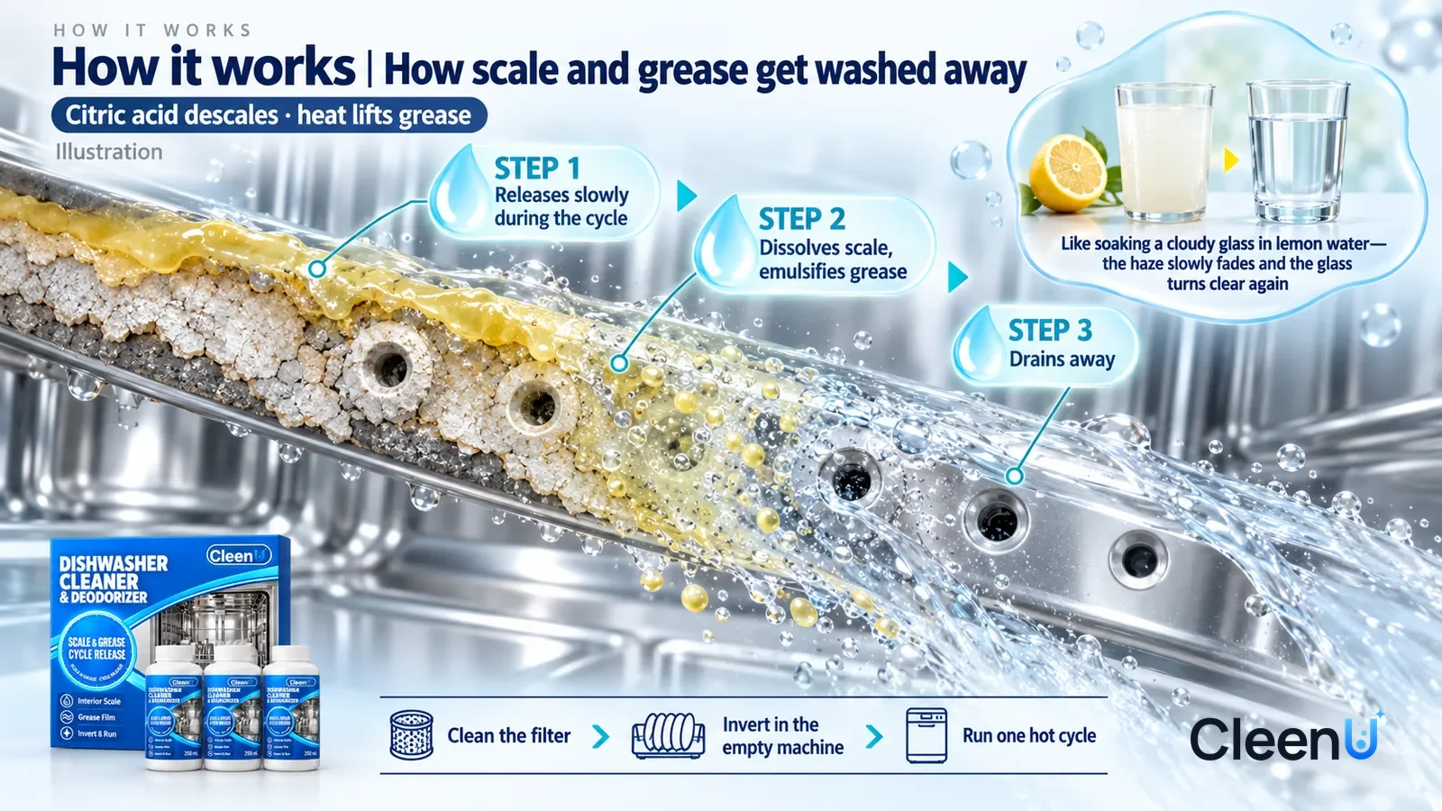 Illustration: CleenU Dishwasher Cleaner & Deodorizer — an enormously magnified cross-section of a dishwasher's stainless-steel tub and a piece of spray arm runs diagonally from upper left to lowe