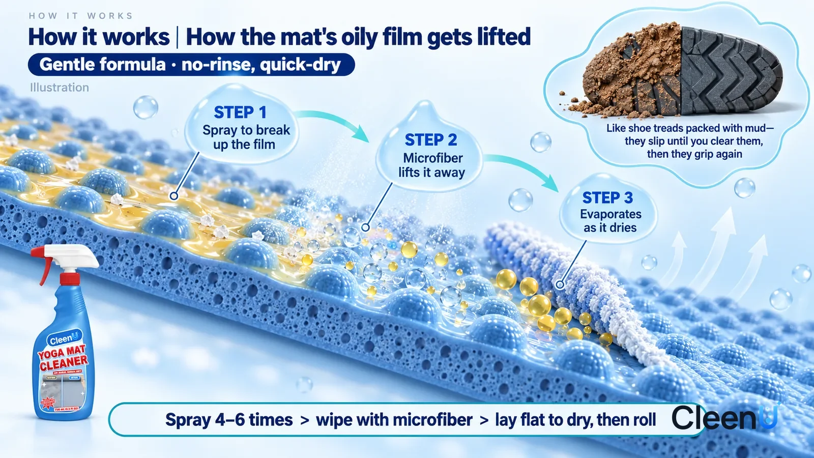 Illustration: CleenU Yoga Mat Cleaner — an enormously magnified cross-section of a yoga mat surface runs diagonally from upper left to lower right