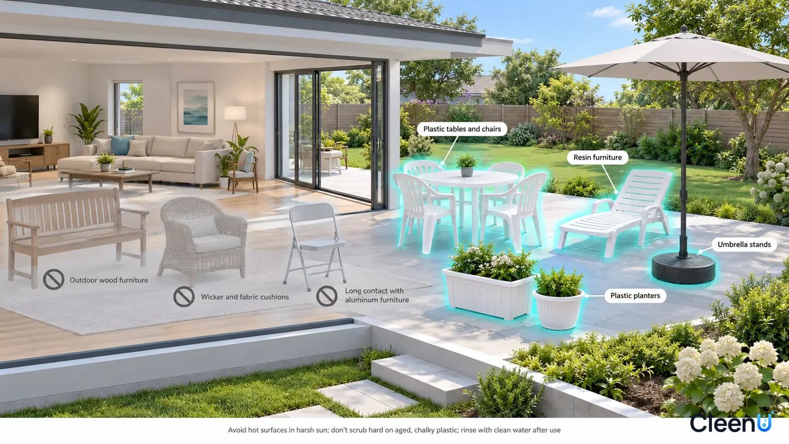 Illustration: Highlighted patio plastic tables, chairs and planters beside material precautions.