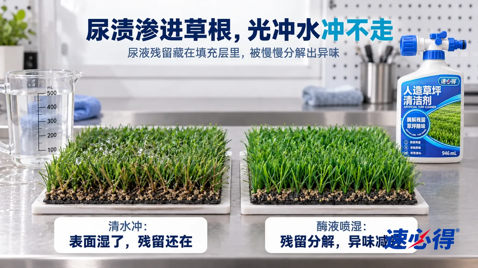 示意图：速必得人造草坪清洁剂——各放一块同样的人造草坪样片，草根缝里都积着一样的灰褐色尿渍印，标题“尿渍渗进草根，光冲水冲不走”