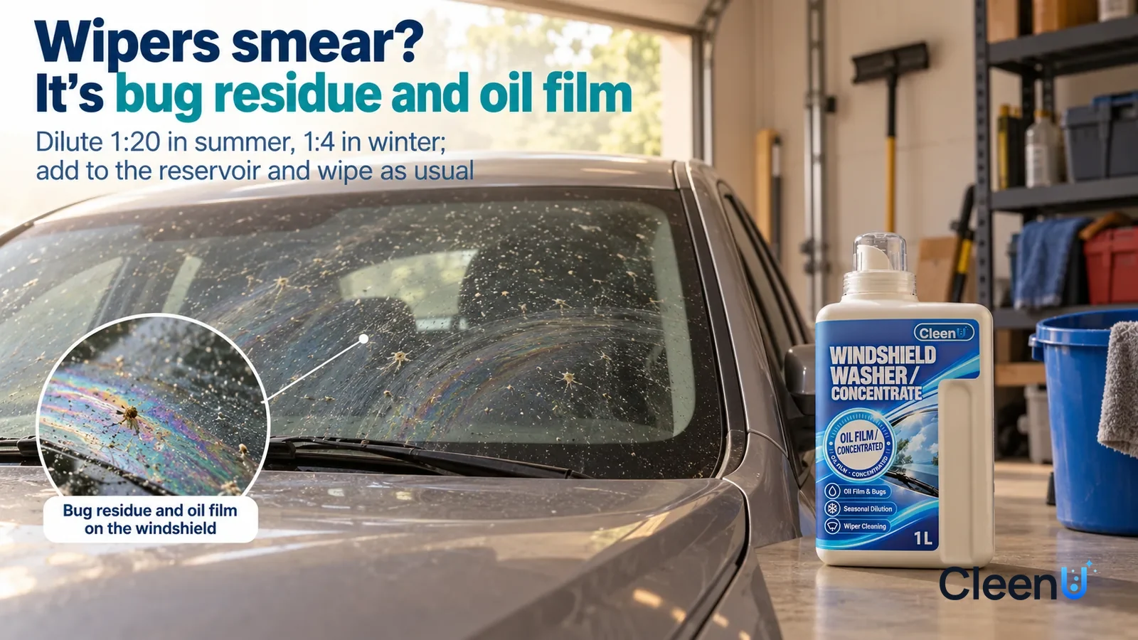 Illustration: CleenU Windshield Washer Concentrate — A home garage, side light slanting in through the roll-up door; the front windshield of a family sedan (no badge, no plate Headline: "Wipers smear?