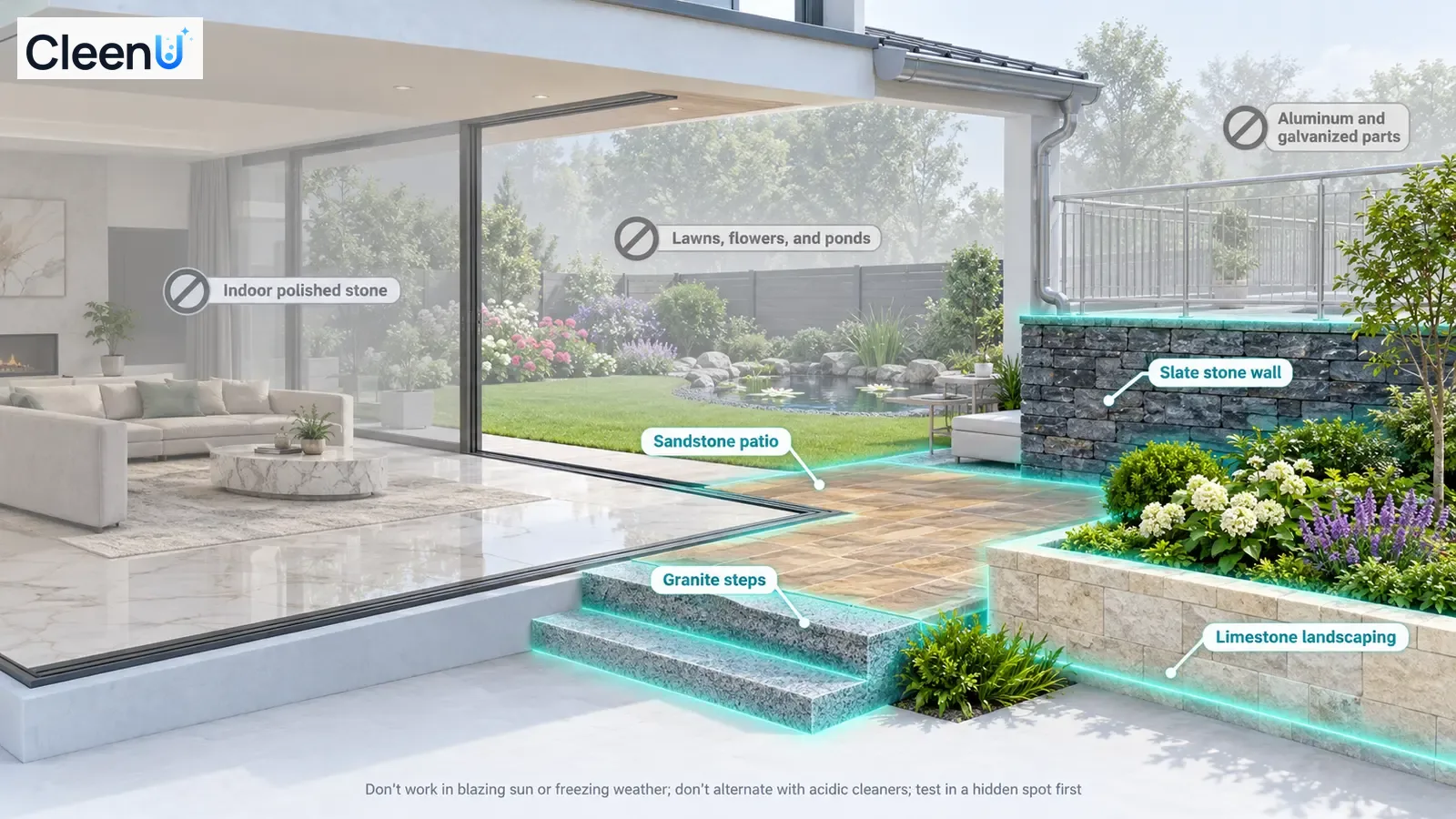 Illustration: Highlighted garden stone steps, paving and walls beside material precautions.