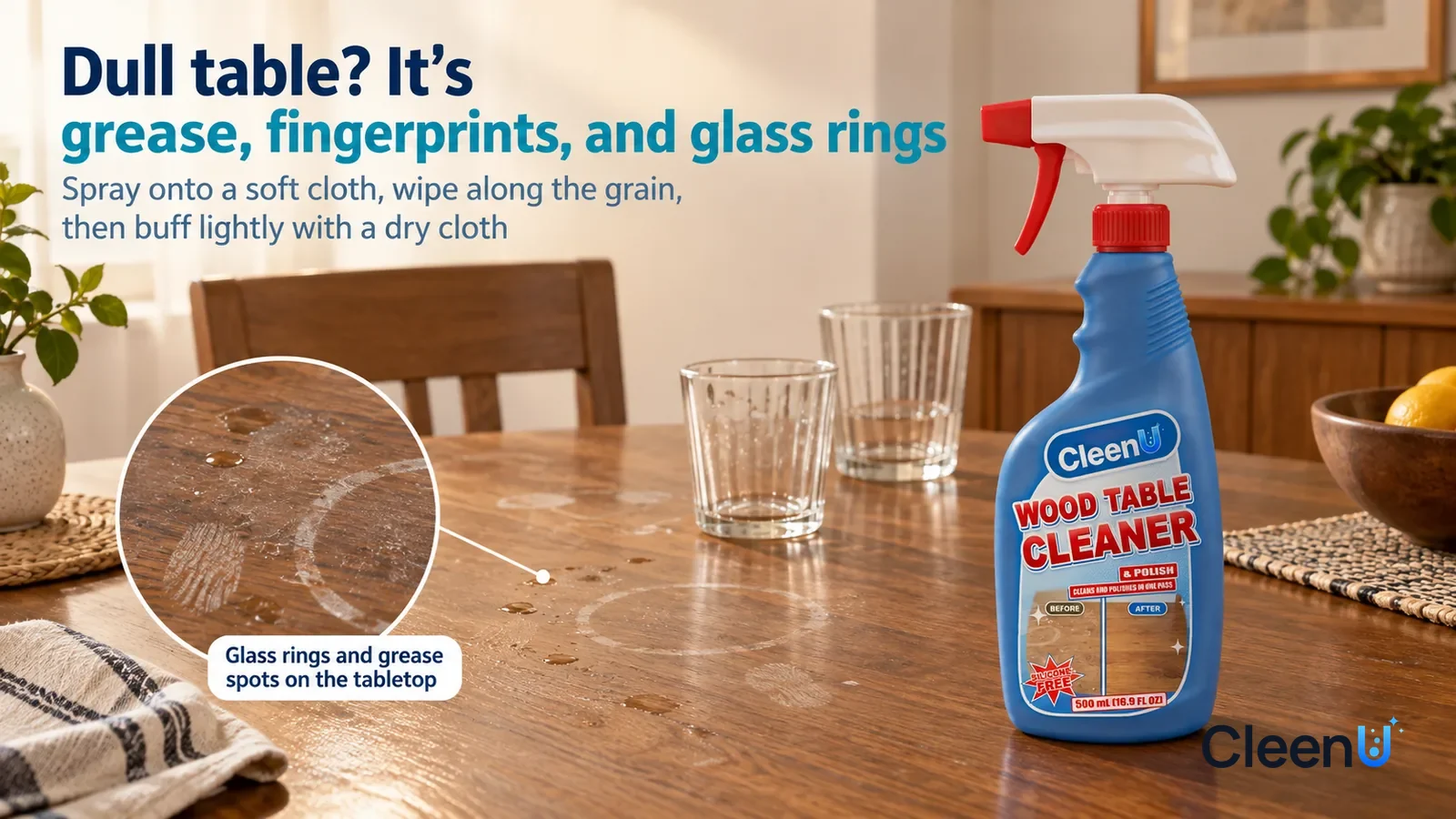 Illustration: CleenU Wood Table Cleaner & Polish — An everyday dining room, a sealed solid-wood dining table; in raking side light, a few small grease spots, a few fingerprints Headline: "Dull table?