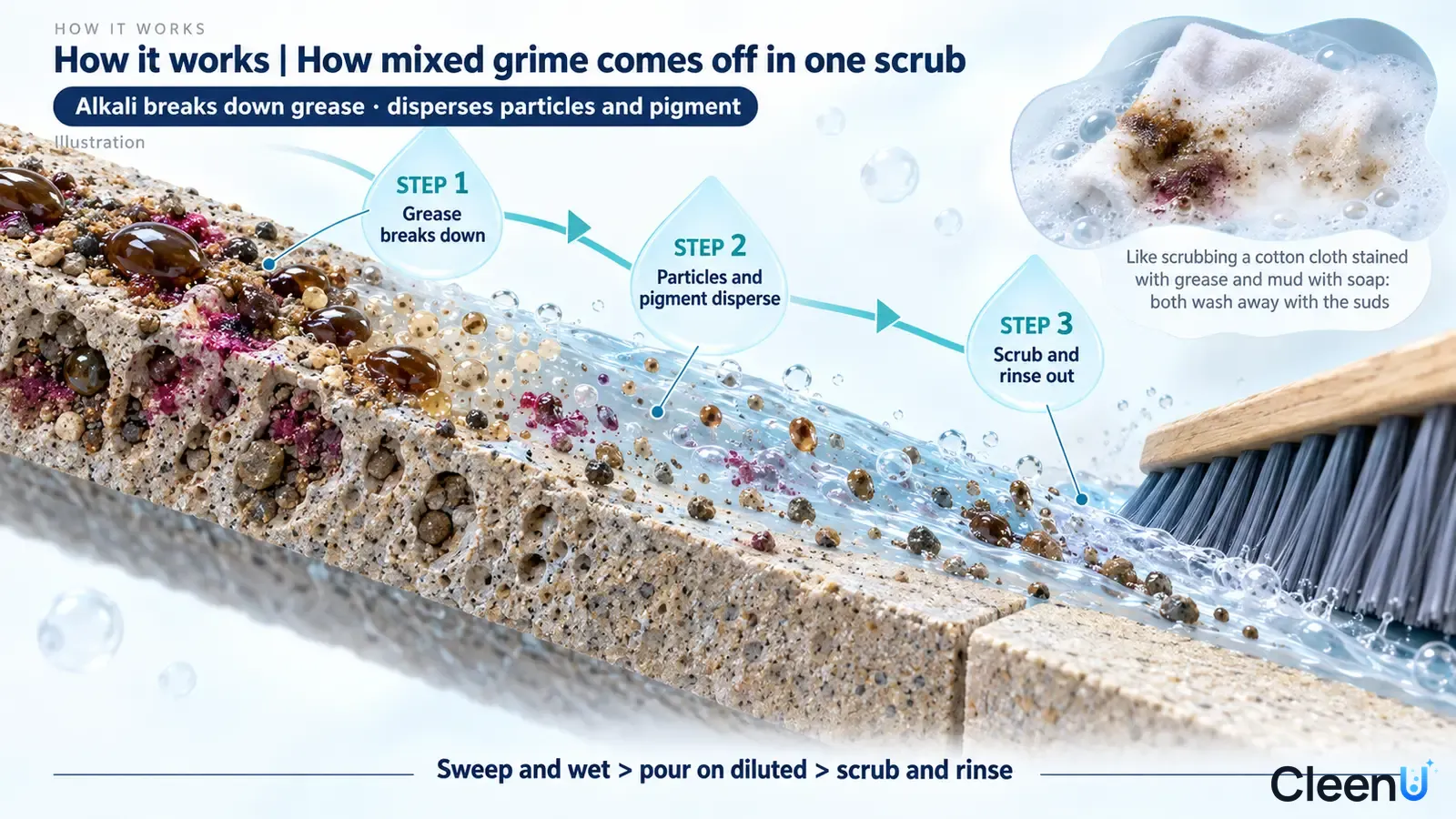 Illustration: Mixed soil in a porous paver cross-section with drops, water and brush bristles.