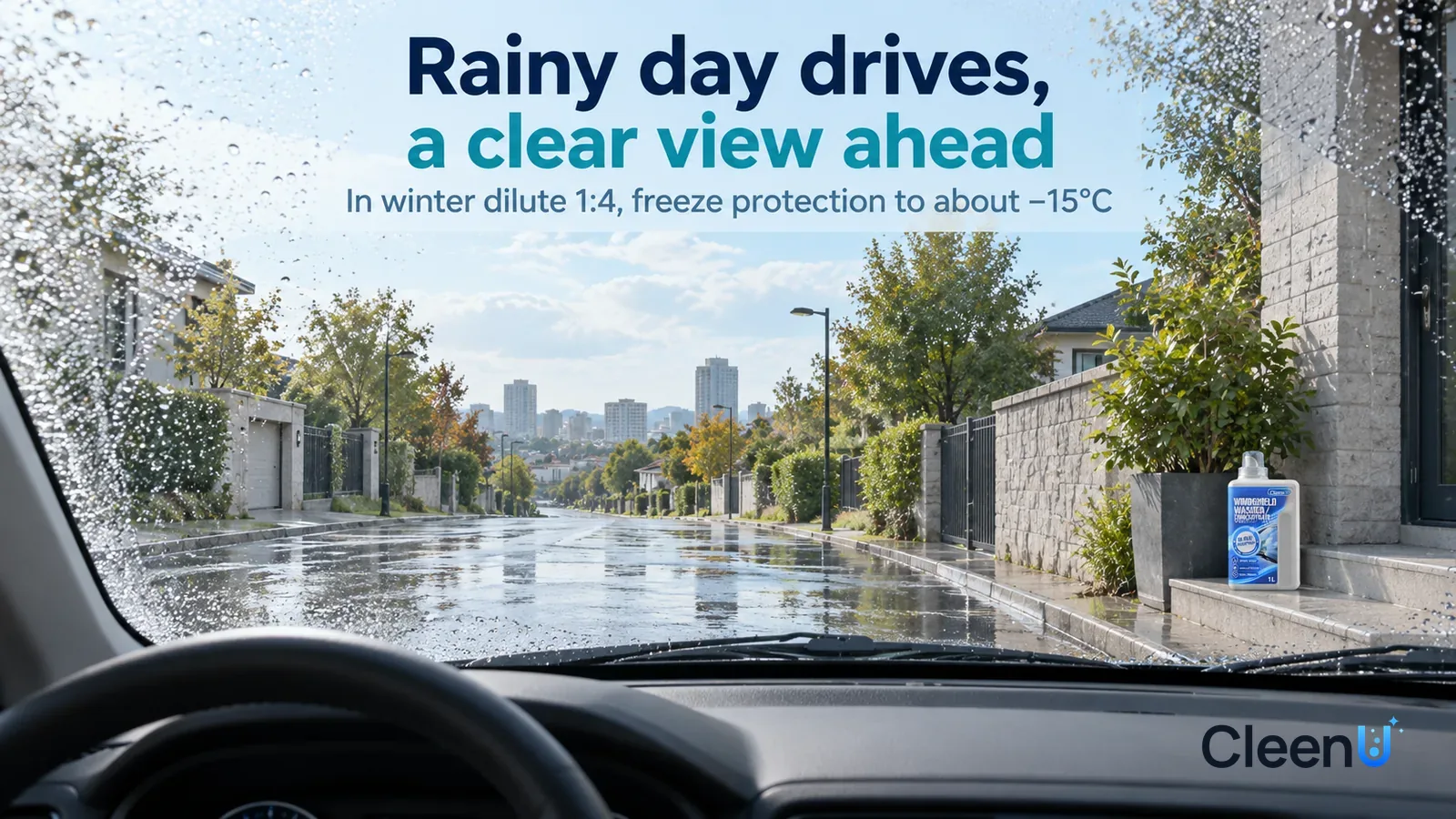 Illustration: CleenU Windshield Washer Concentrate — Looking out from the driver's seat, which is empty: the front windshield is clear, the wiper has just swept one clean fan Headline: "Rainy day driv