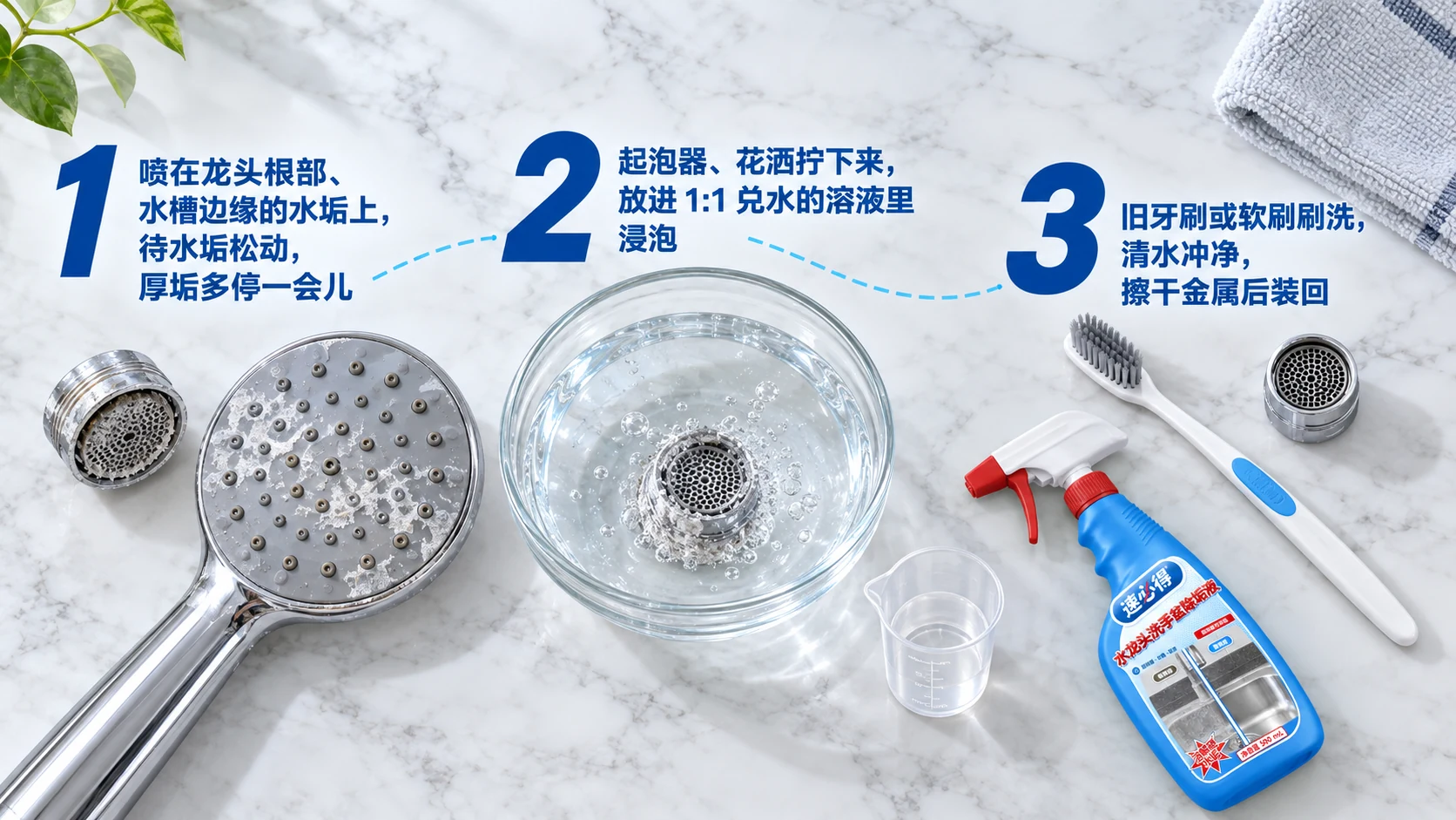 示意图:拆下的起泡器、花洒、玻璃碗、刷子和蓝色喷瓶,配有编号步骤。