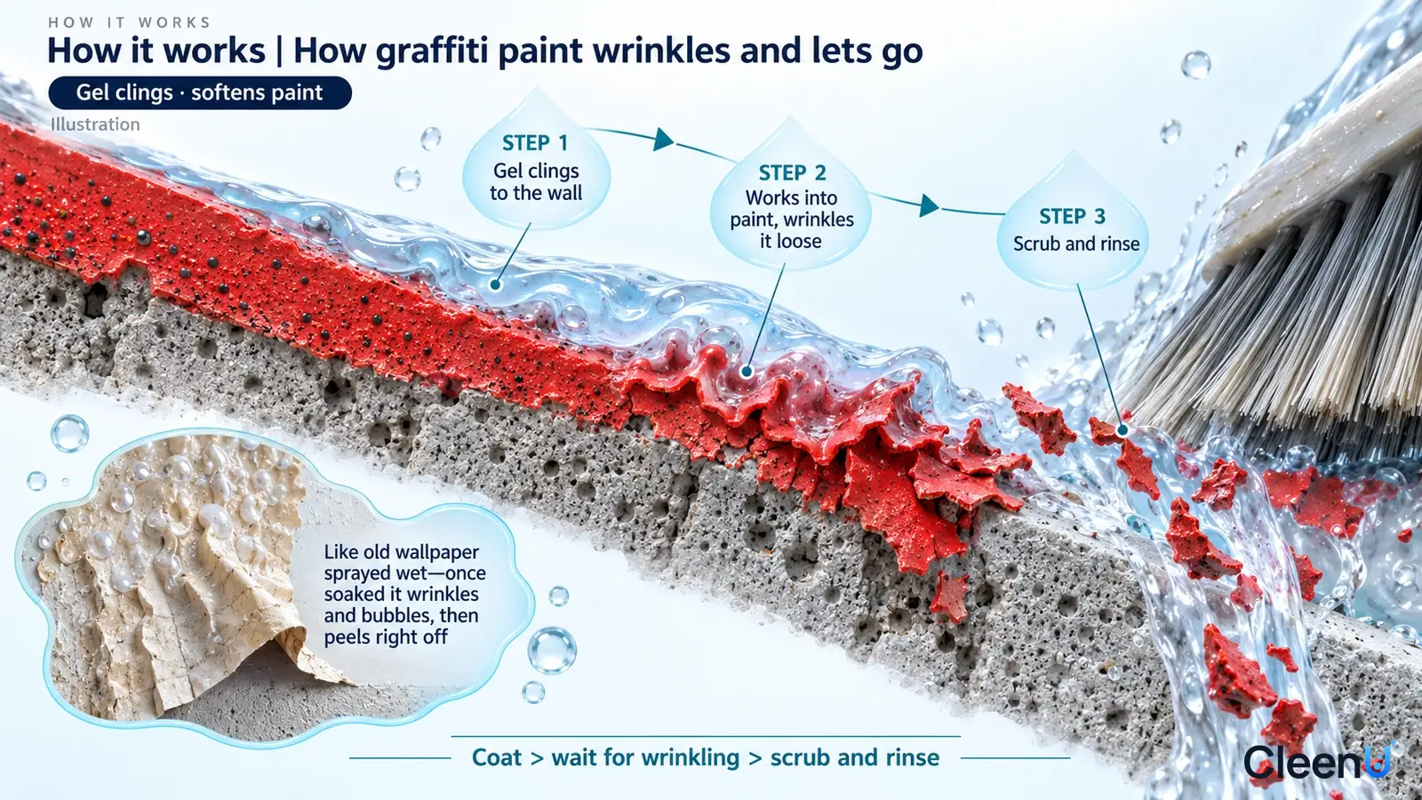 Illustration: A substrate cross-section with red paint-film fragments, drops and brush bristles.
