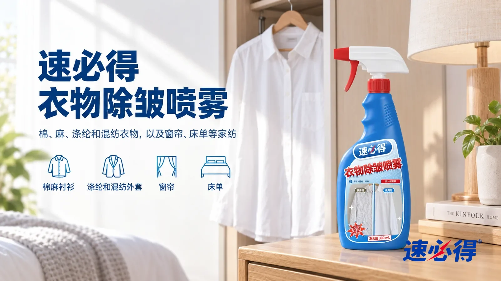 示意图：速必得衣物除皱喷雾——一间明亮整洁的卧室，一件平整的白色纯棉衬衫挂在衣柜门边的木衣架上，柔和晨光，产品站在右侧斗柜上，标签正对镜头