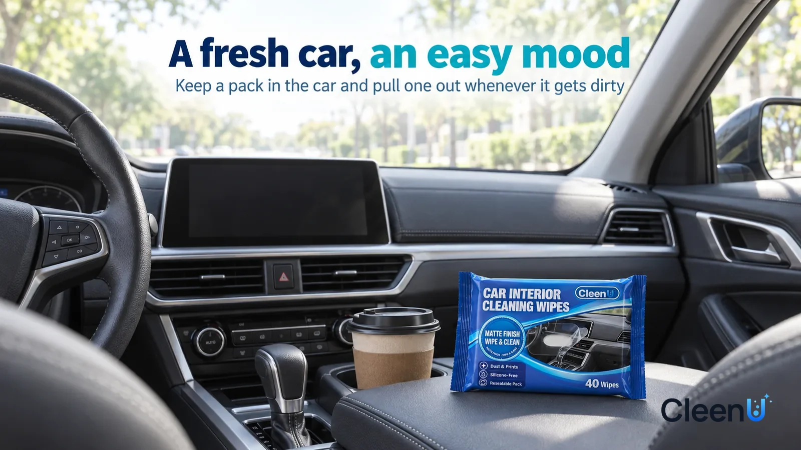Illustration: CleenU Car Interior Cleaning Wipes — A sunny morning, the interior of a family car parked on a tree-lined street (no car badge, no license plate visible) Headline: "A fresh car, an easy