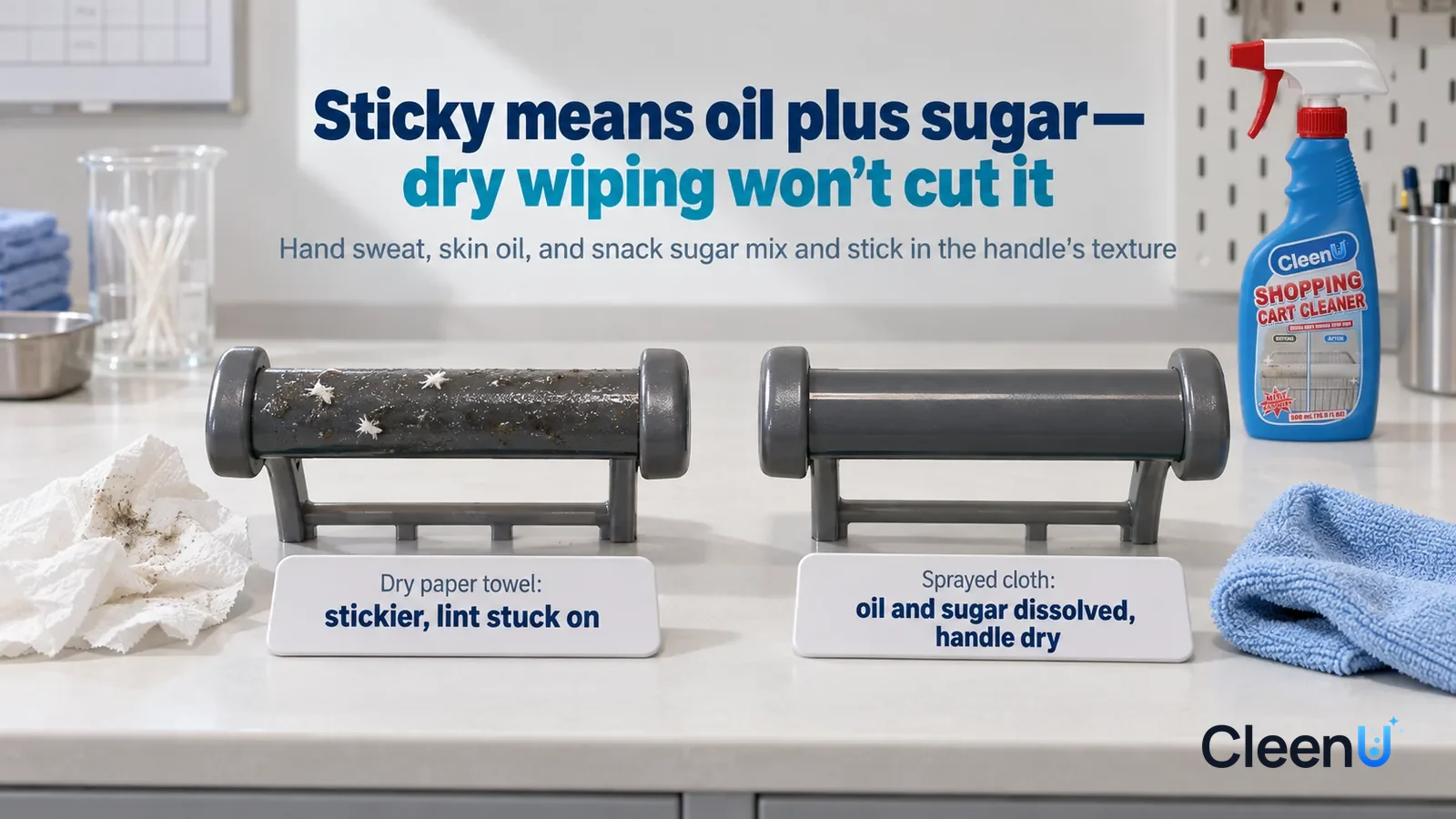 Illustration: CleenU Shopping Cart Cleaner — A landscape medium close-up of a small experiment in a cleaning lab: two identical plastic cart-handle samples side by side on a white test Headline: "Stic