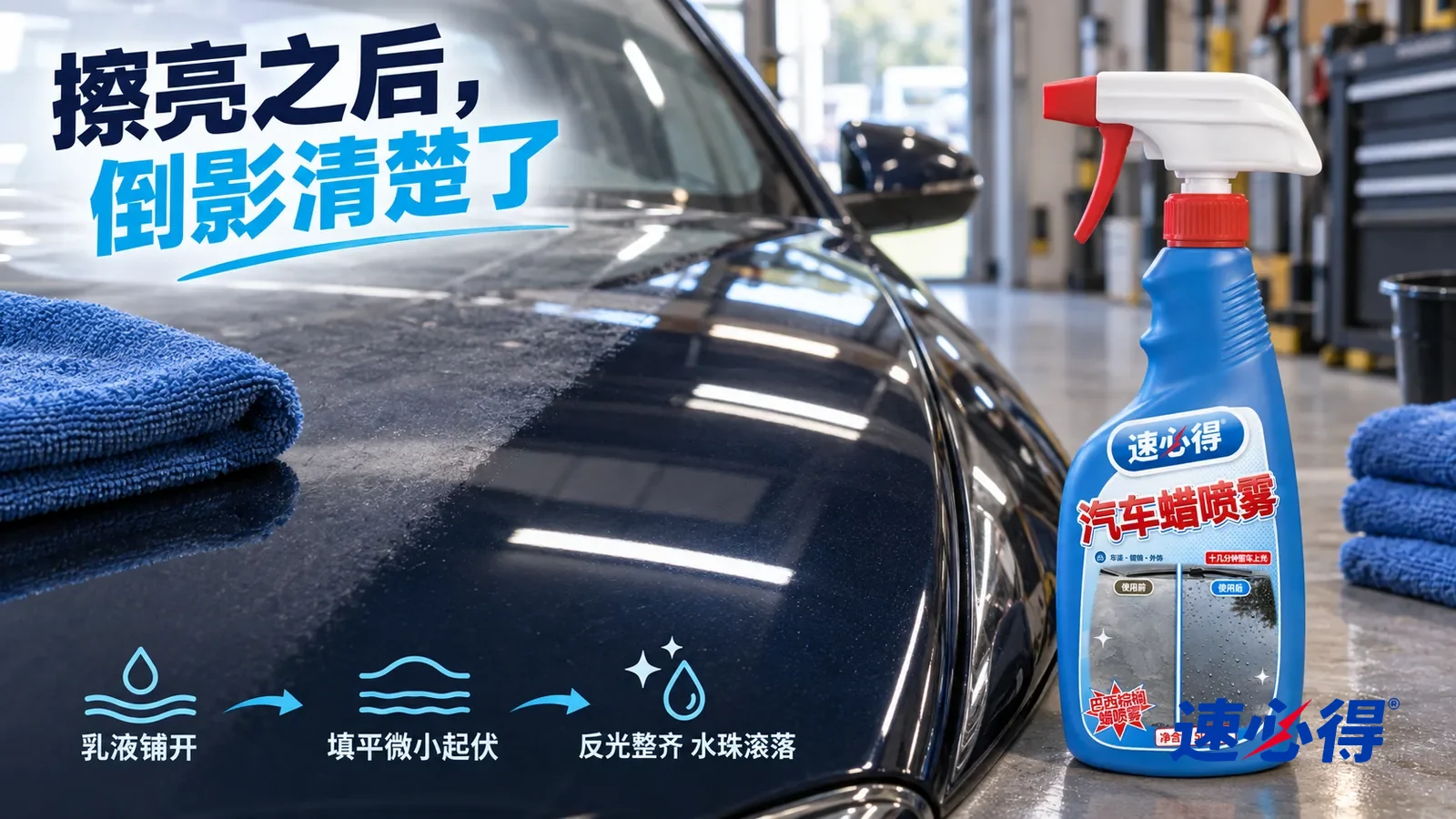 示意图：速必得汽车蜡喷雾——一条蓝色微纤维毛巾刚擦过一道，擦过的地方漆面深邃光亮、顶灯倒影清楚，旁边一小片还显得发闷