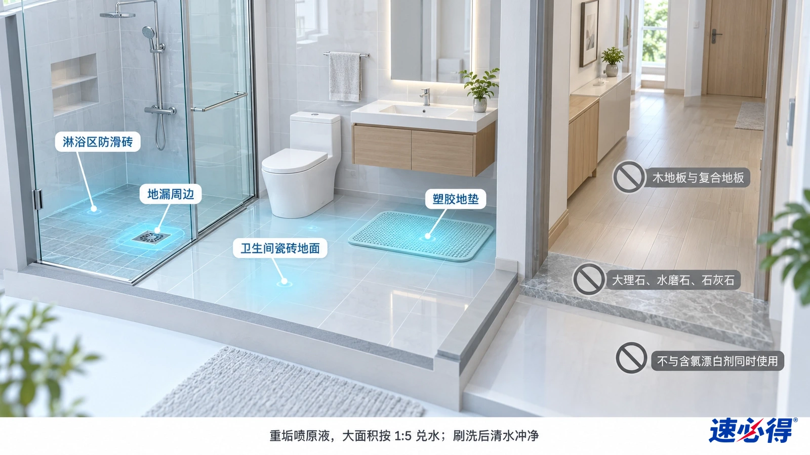 浴室示意图突出淋浴地面、地漏周围和浴室地砖区域,旁边列有注意事项图标。