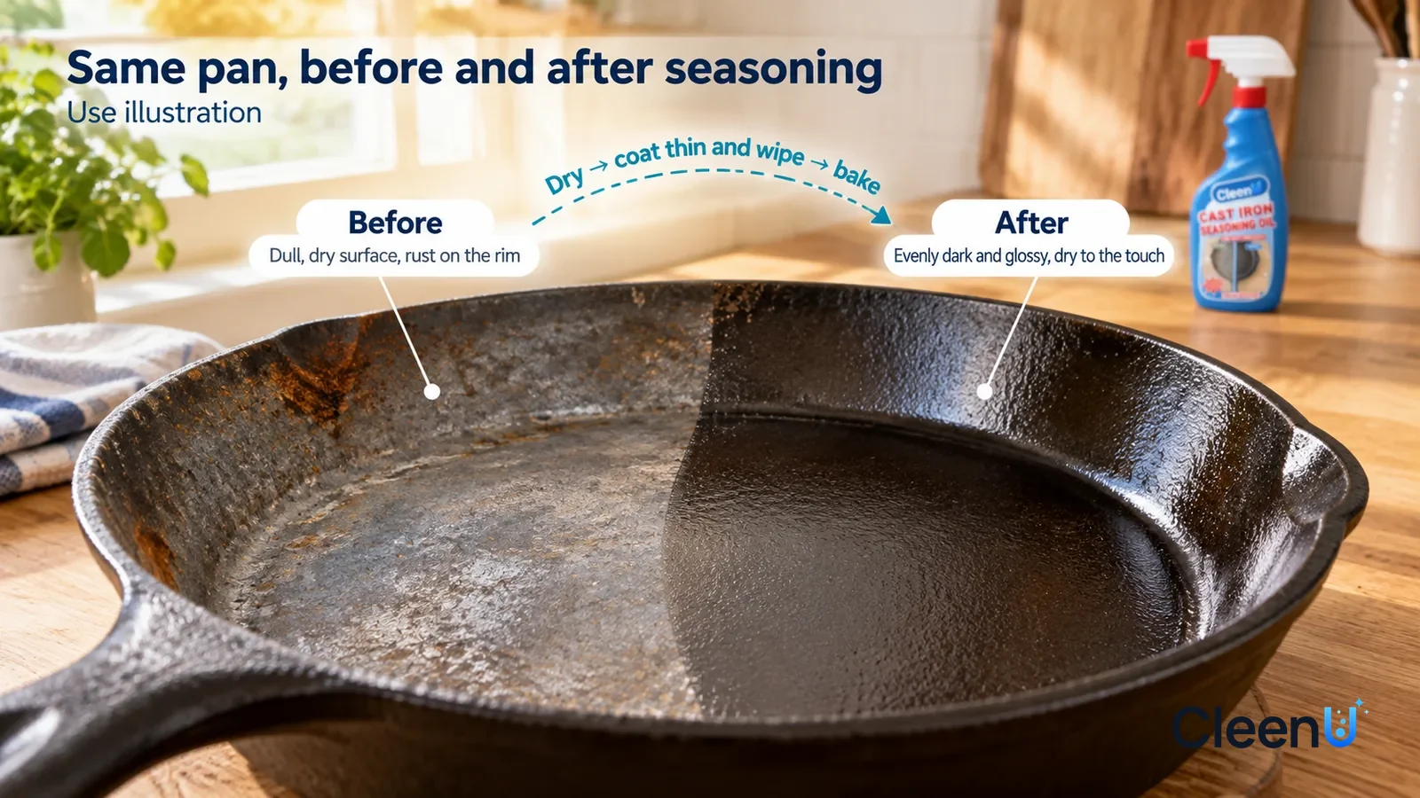 Illustration: CleenU Cast Iron Seasoning Oil — A full-screen low-angle close-up of a cast iron skillet (no brand marks) surface on a wooden counter in the same window light