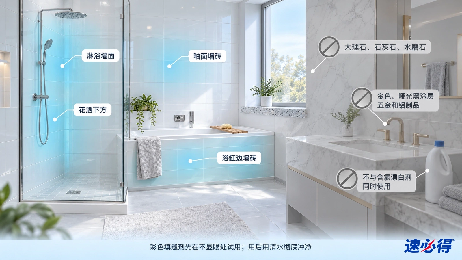 示意图:浴室墙砖区域被突出显示,旁边列有材质与使用注意事项图标。