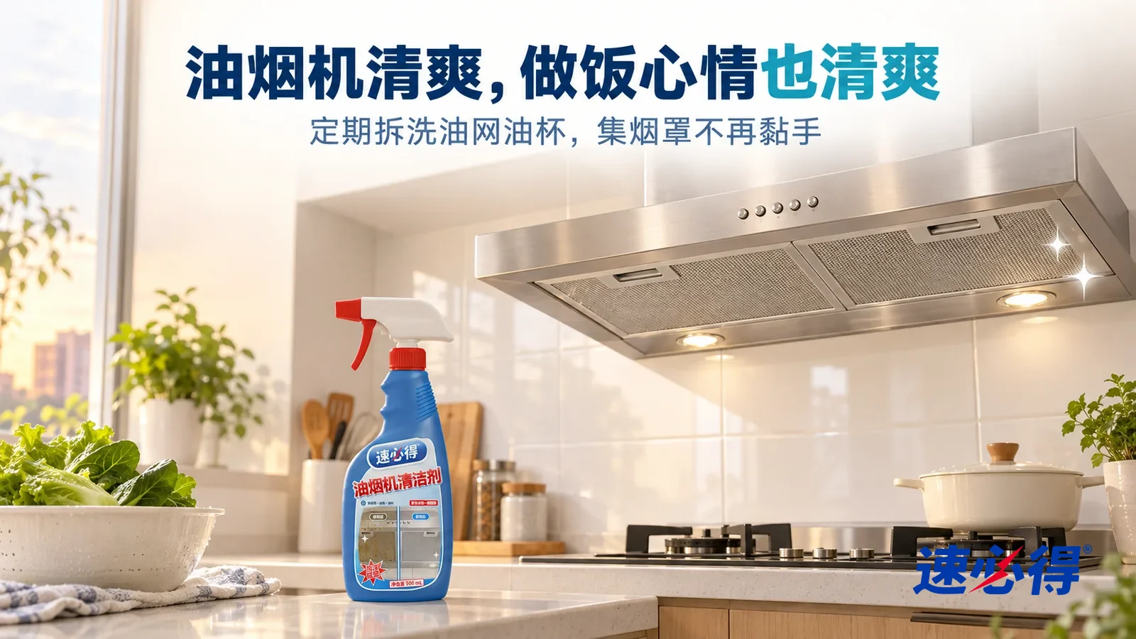 示意图：速必得油烟机清洁剂——傍晚明亮的厨房，一台干净光亮的不锈钢油烟机（无品牌标志），下方灶台干净整洁，台面上一碗洗好的青菜，柔和的窗光，标题“油烟机清爽，做饭心情也清爽”