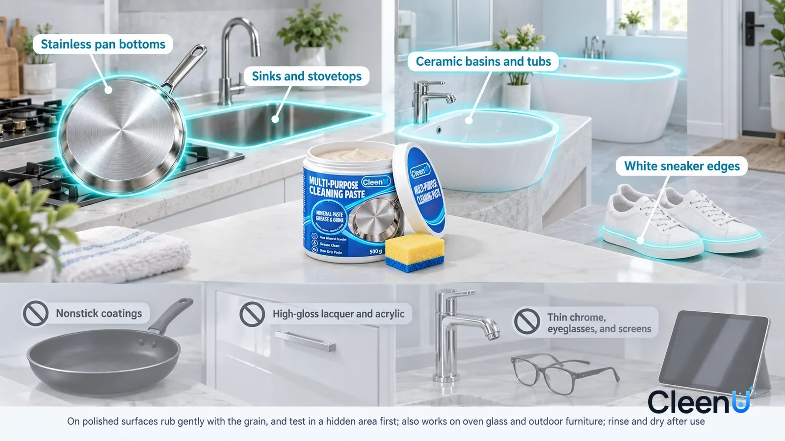 Illustration: CleenU Multi-Purpose Cleaning Paste — A realistic 3D cutaway of a bright home's kitchen, bathroom, and entryway, one continuous space from one viewpoint: a stainless pan bottom