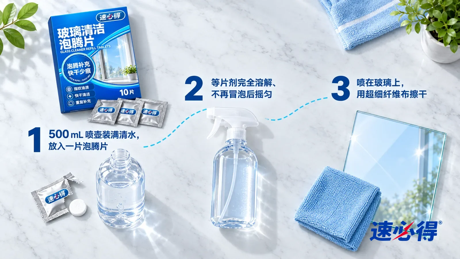 示意图：速必得玻璃清洁泡腾片——① 一只撕开的银色铝箔小袋和一片取出的白色圆形泡腾片，旁边一只装满清水、无标签的透明空喷壶（喷头取下放在一旁；这只空喷壶是溶解片剂的容器