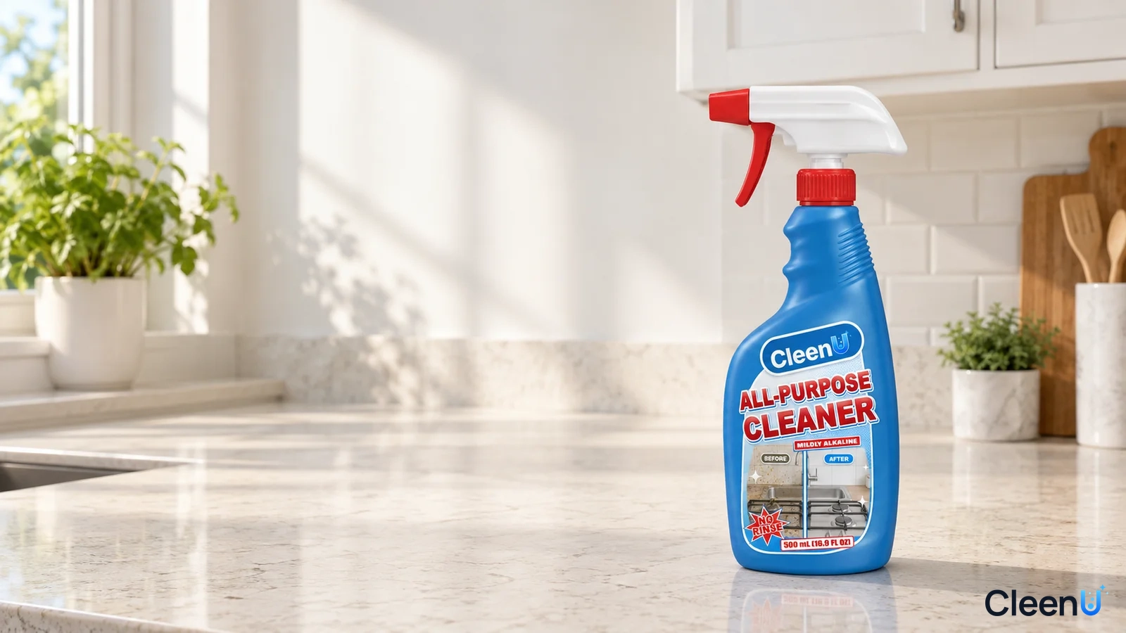Illustrated blue all-purpose cleaner bottle on a light kitchen counter in window light.