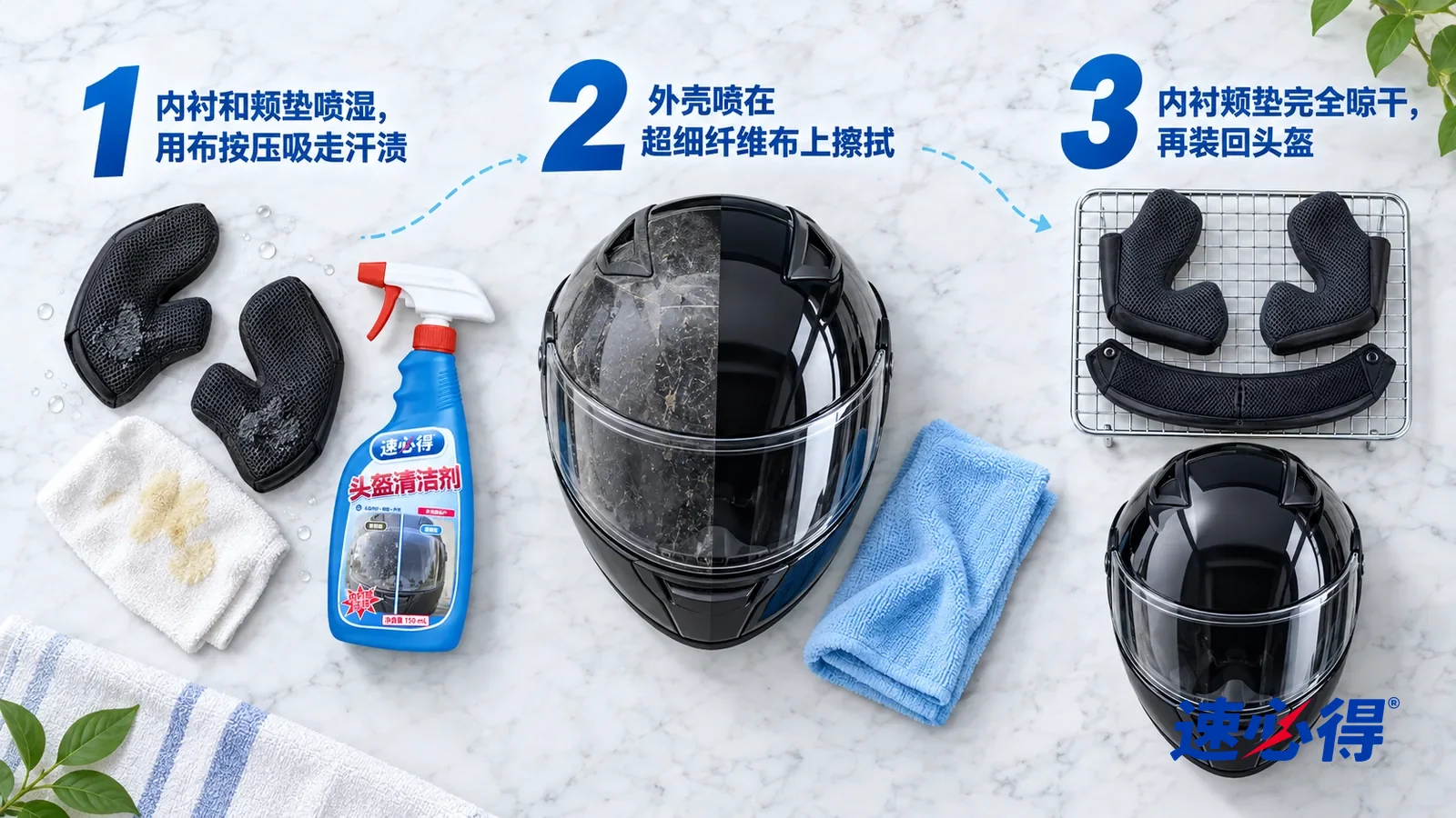 示意图：速必得头盔清洁剂——① 一对取下的黑色网眼颊垫，织物微微湿润，旁边一块按压过、印着淡黄痕迹的白布；② 一块浅蓝超细纤维布和一顶外壳半边已经擦净