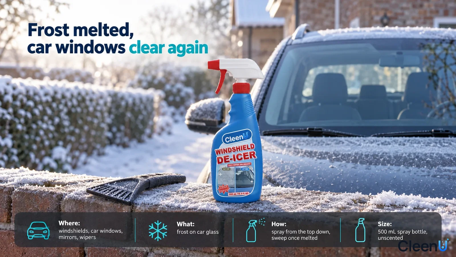 Illustration: A blue de-icer bottle on a snowy low wall in front of a car windshield.