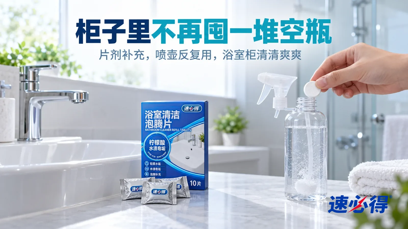 示意图：速必得浴室清洁泡腾片——清晨明亮的浴室，白色台盆干净光亮，镀铬水龙头反射柔和光线，身后淋浴房玻璃清透，一条叠好的白毛巾搭在架子上，柔和晨光从高窗照进来，标题“柜子里不再囤一堆空瓶”