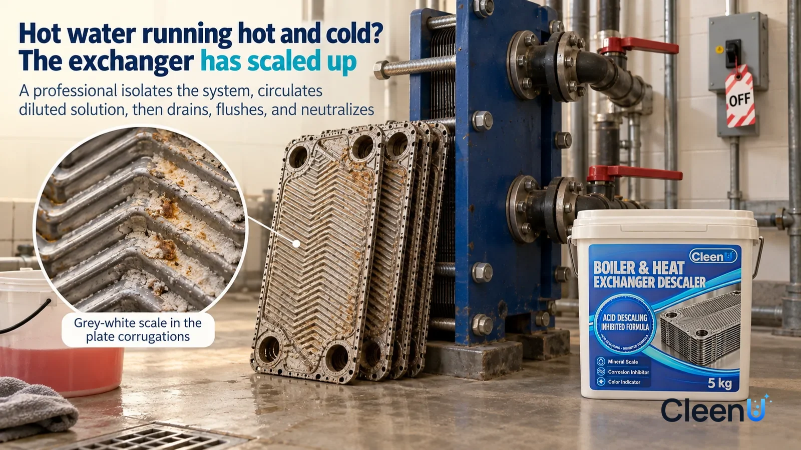 Illustration: CleenU Boiler & Heat Exchanger Descaler — A tidy, bright plant room, a floor-standing plate heat exchanger with its valves closed and shut down Headline: "Hot water running hot and cold?