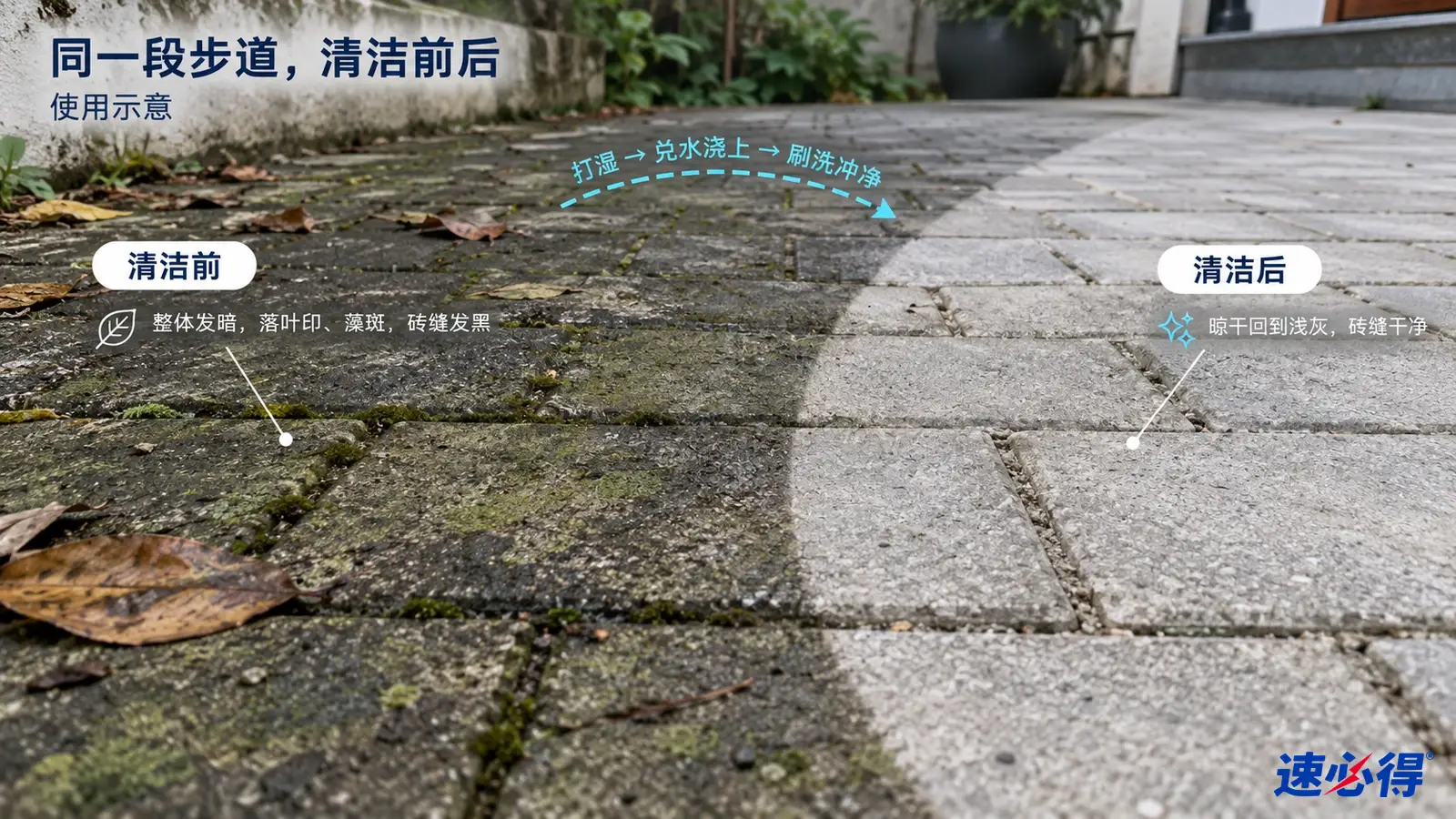 示意图:石板步道的深色污垢区域与较洁净区域对照,非实测照片。