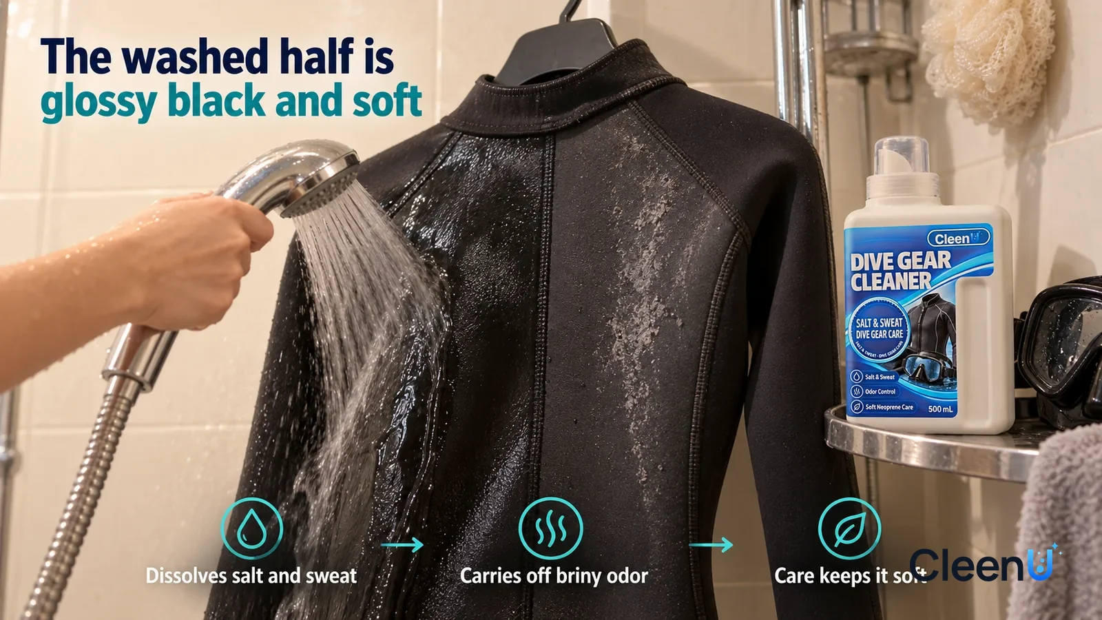Illustration: CleenU Dive Gear Cleaner — In a home shower, a black neoprene wetsuit (no brand marks) hangs inside-out on a wide-shouldered hanger; low close-up: one hand holds the s