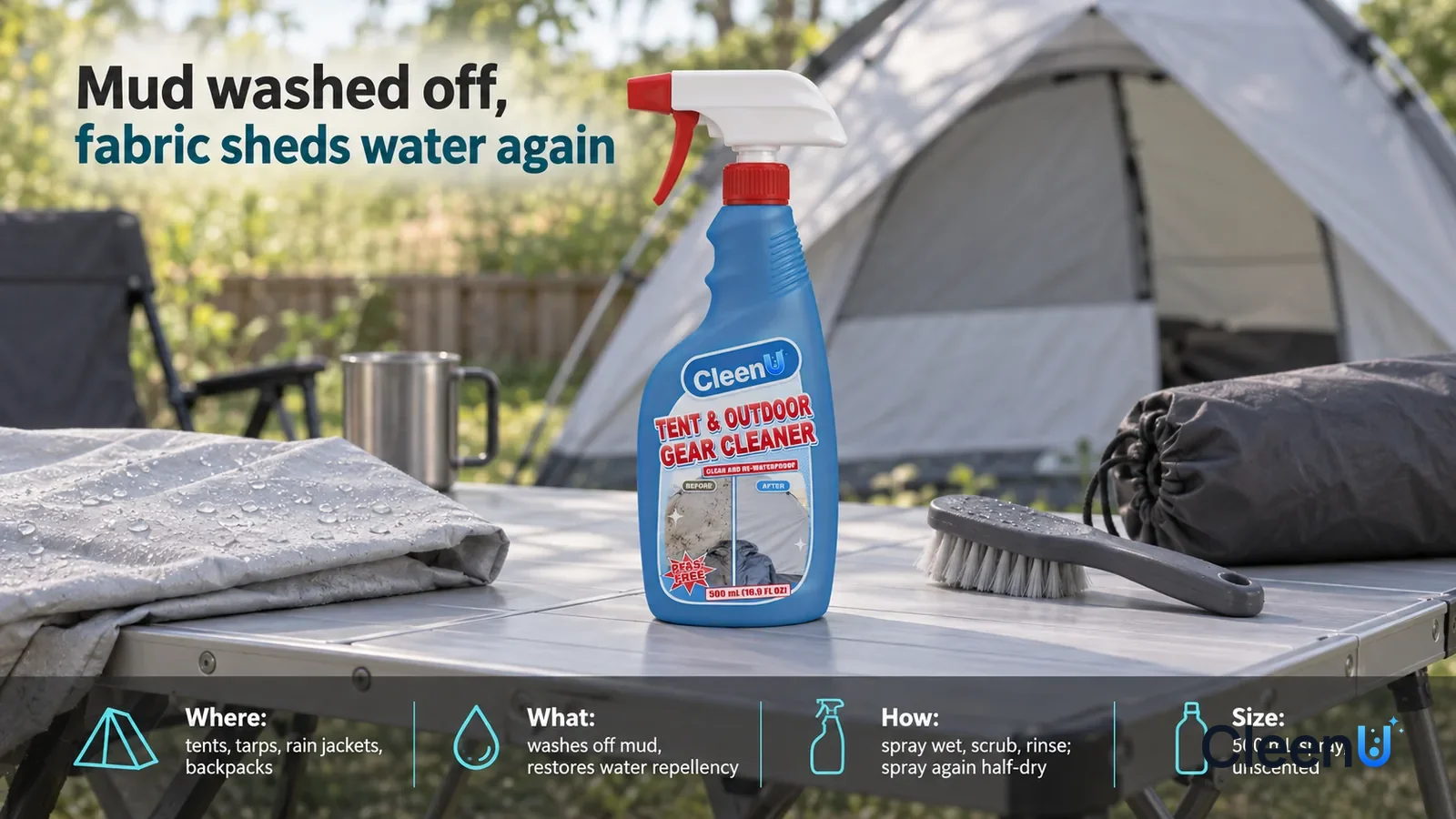Illustration: CleenU Tent & Outdoor Gear Cleaner — keep one backyard care area, pale-grey two-person tent, folding camp table and soft brush, using the same fabric weave in all samples