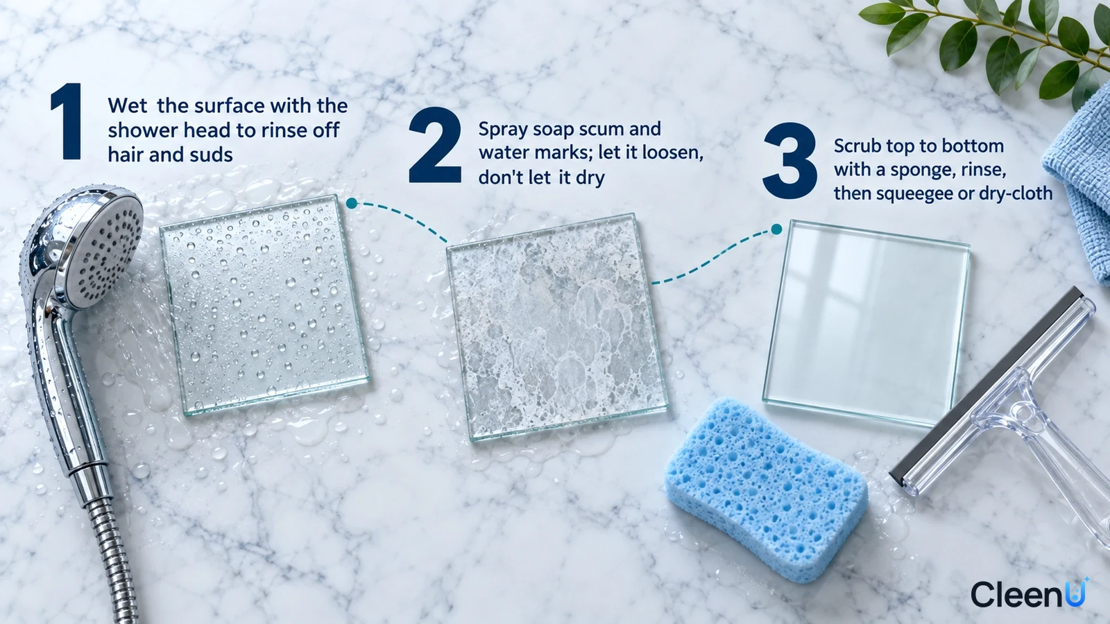 Illustrated numbered steps with a shower head, marked glass samples, a blue sponge and a squeegee.