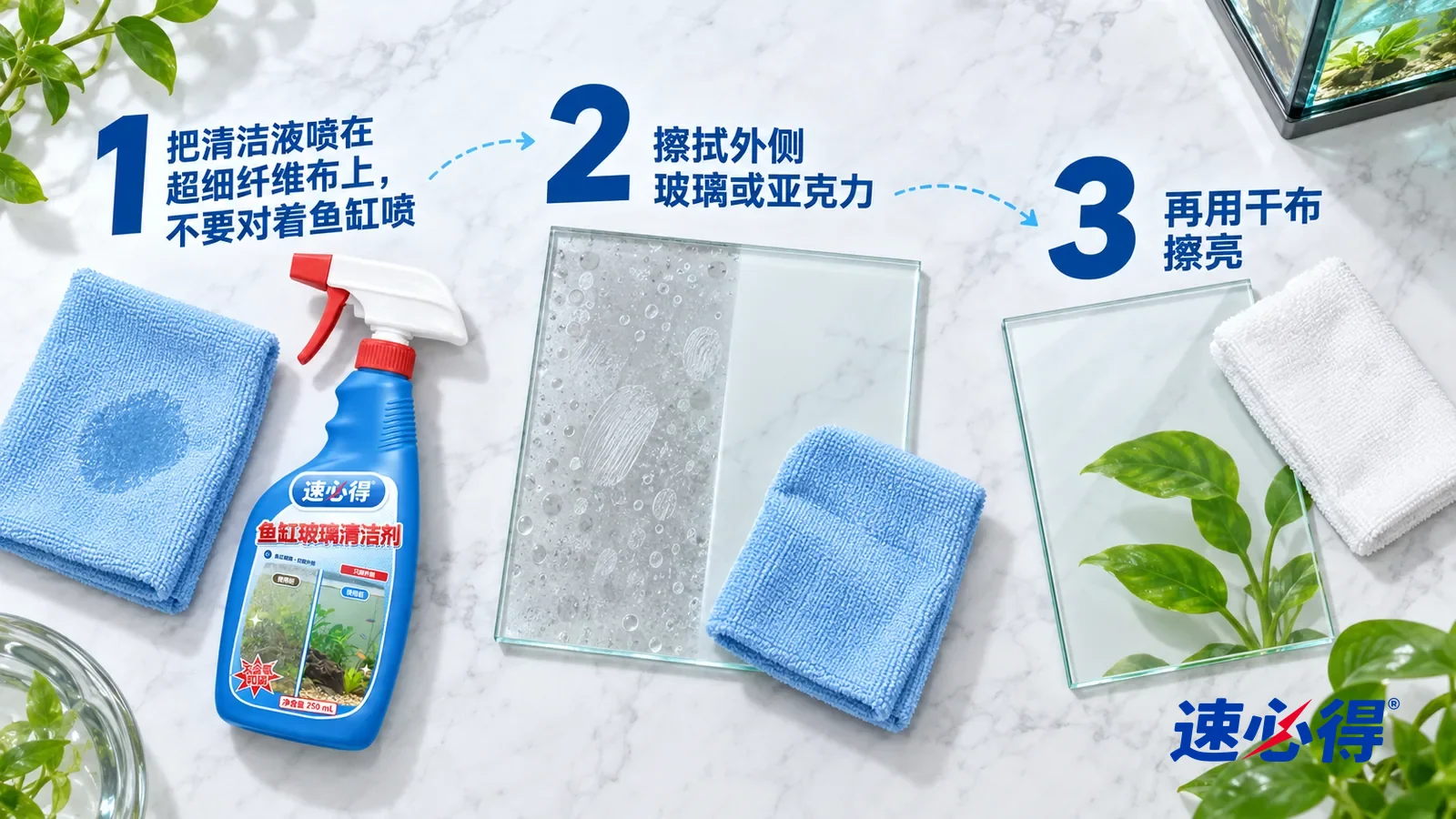 示意图:速必得鱼缸玻璃清洁剂——① 一块折好的浅蓝超细纤维布,布面中间一小片微湿的痕迹;② 一块平放的透明玻璃样板,一半带指纹水渍、一半已经擦得通透