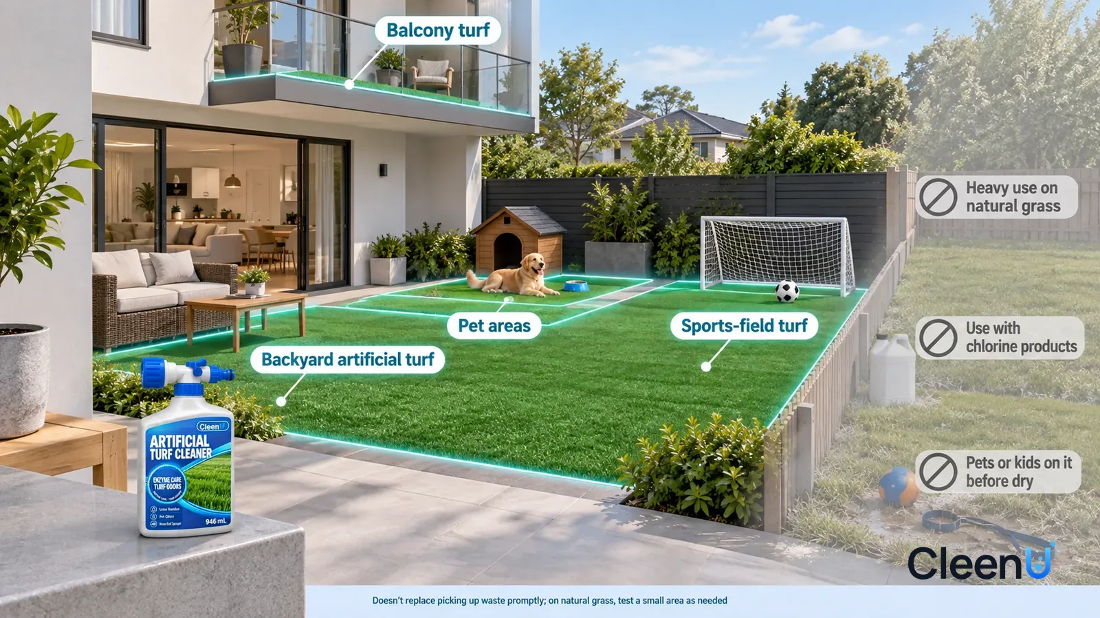 Illustration: CleenU Artificial Turf Cleaner — A realistic 3D cutaway of a bright home with a backyard, one continuous space from one viewpoint