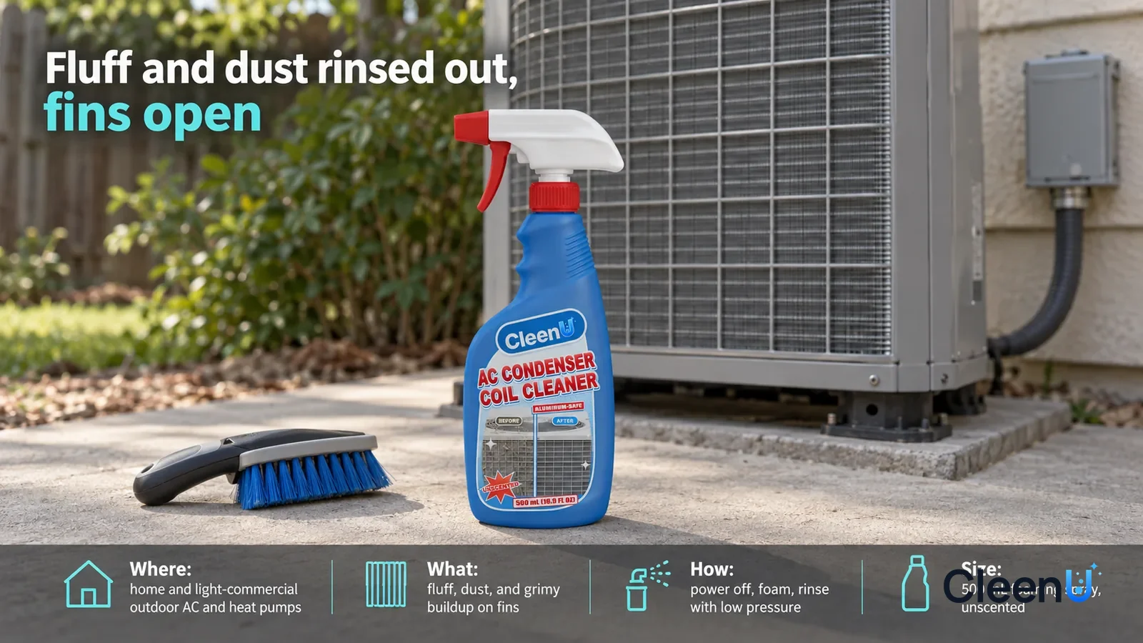 Illustration: CleenU AC Condenser Coil Cleaner — keep one outdoor condenser on a backyard concrete pad, fan stationary and reachable from ground level