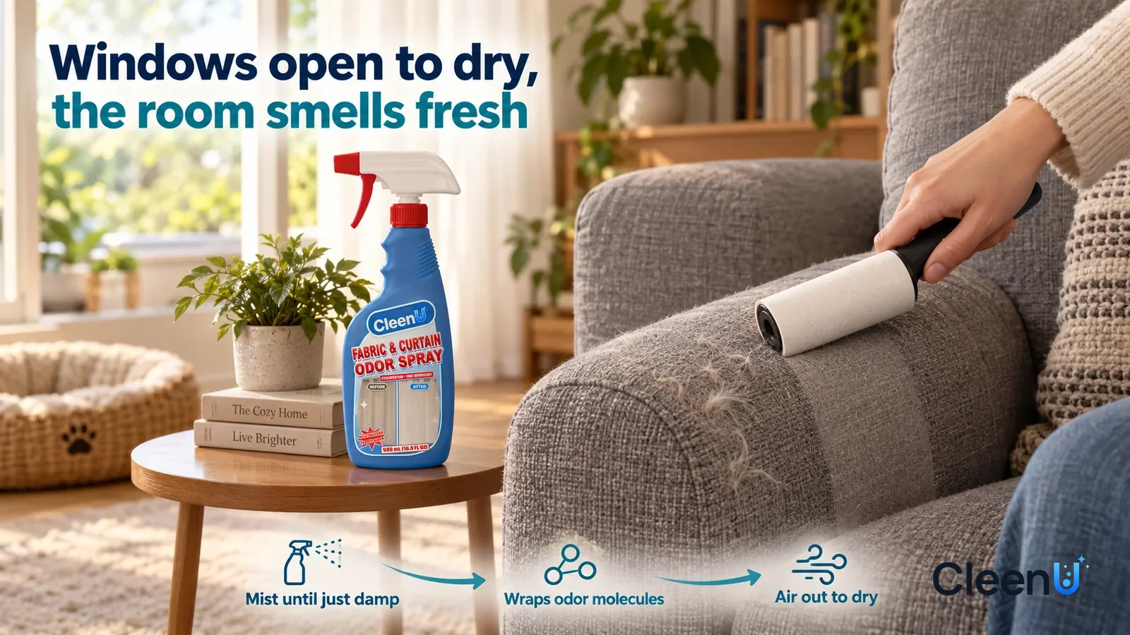 Illustration: CleenU Fabric & Curtain Odor Spray — A grey fabric lounge chair in a home sunroom, a low close-up of its arm: one hand is rolling a lint roller along the arm