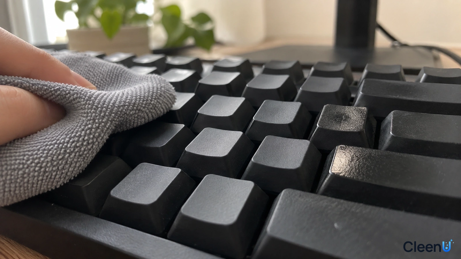 Illustration: Close-up of a hand wiping black keyboard keycaps with a gray cloth.