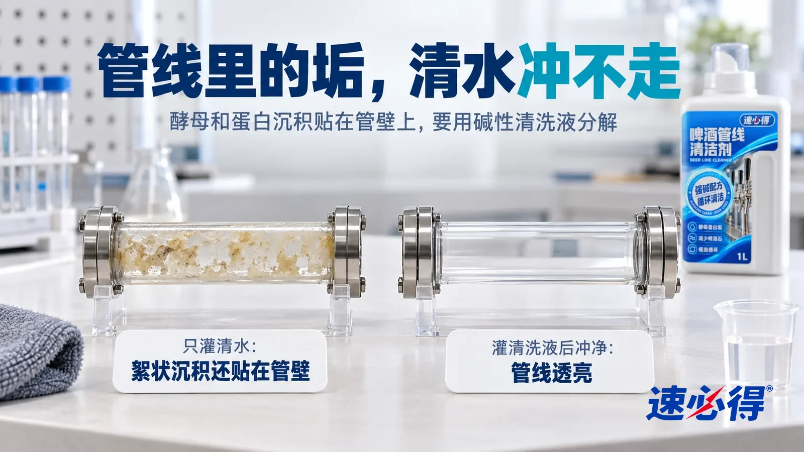 示意图：速必得啤酒管线清洁剂——清洁实验室里一个小实验的横向中近景，白色测试台上并排放着两段同样的透明食饮管线样件，两端用素面不锈钢接头封着，标题“管线里的垢，清水冲不走”
