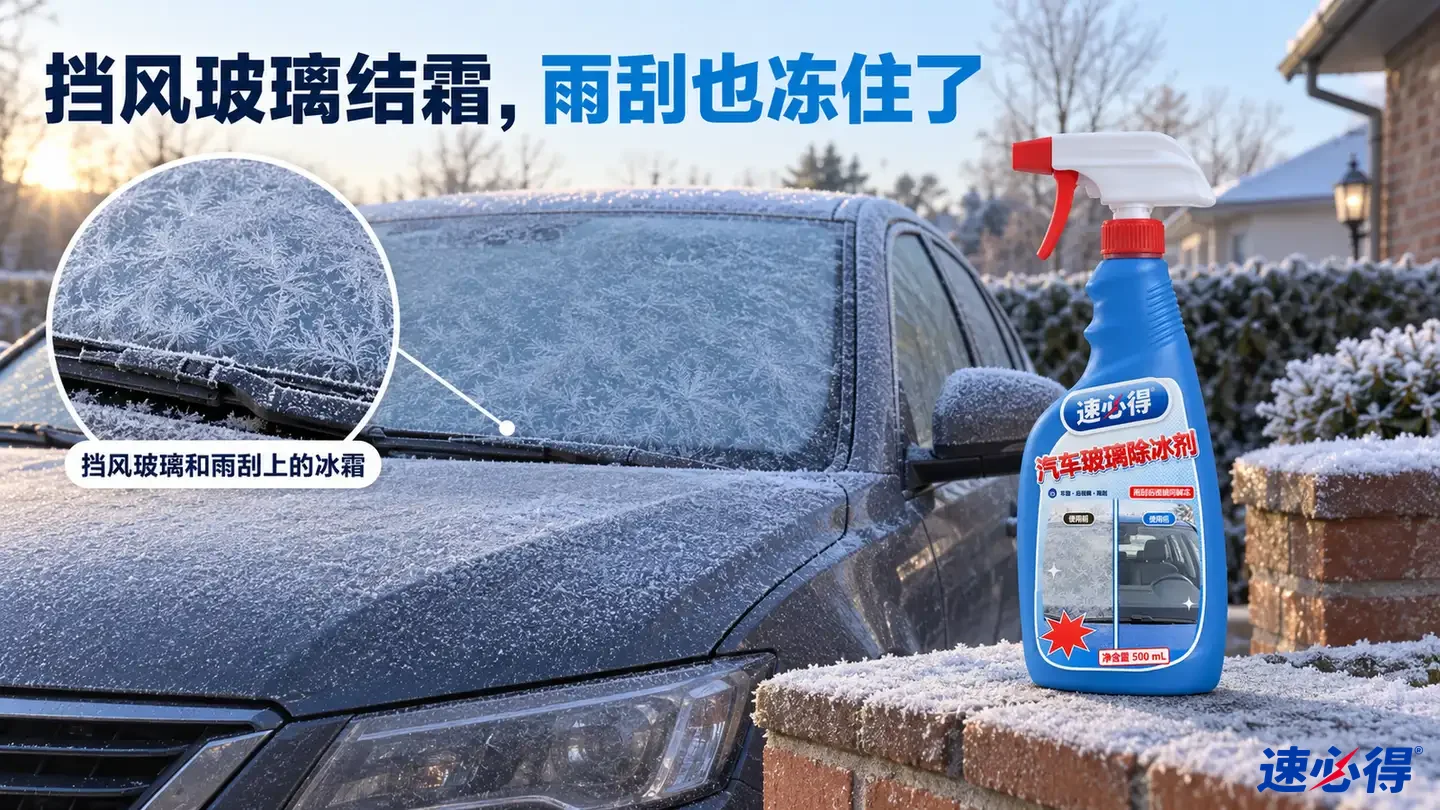 示意图：冬季住宅车道上的汽车前挡风玻璃和雨刮结霜，旁有蓝色除冰剂喷瓶。