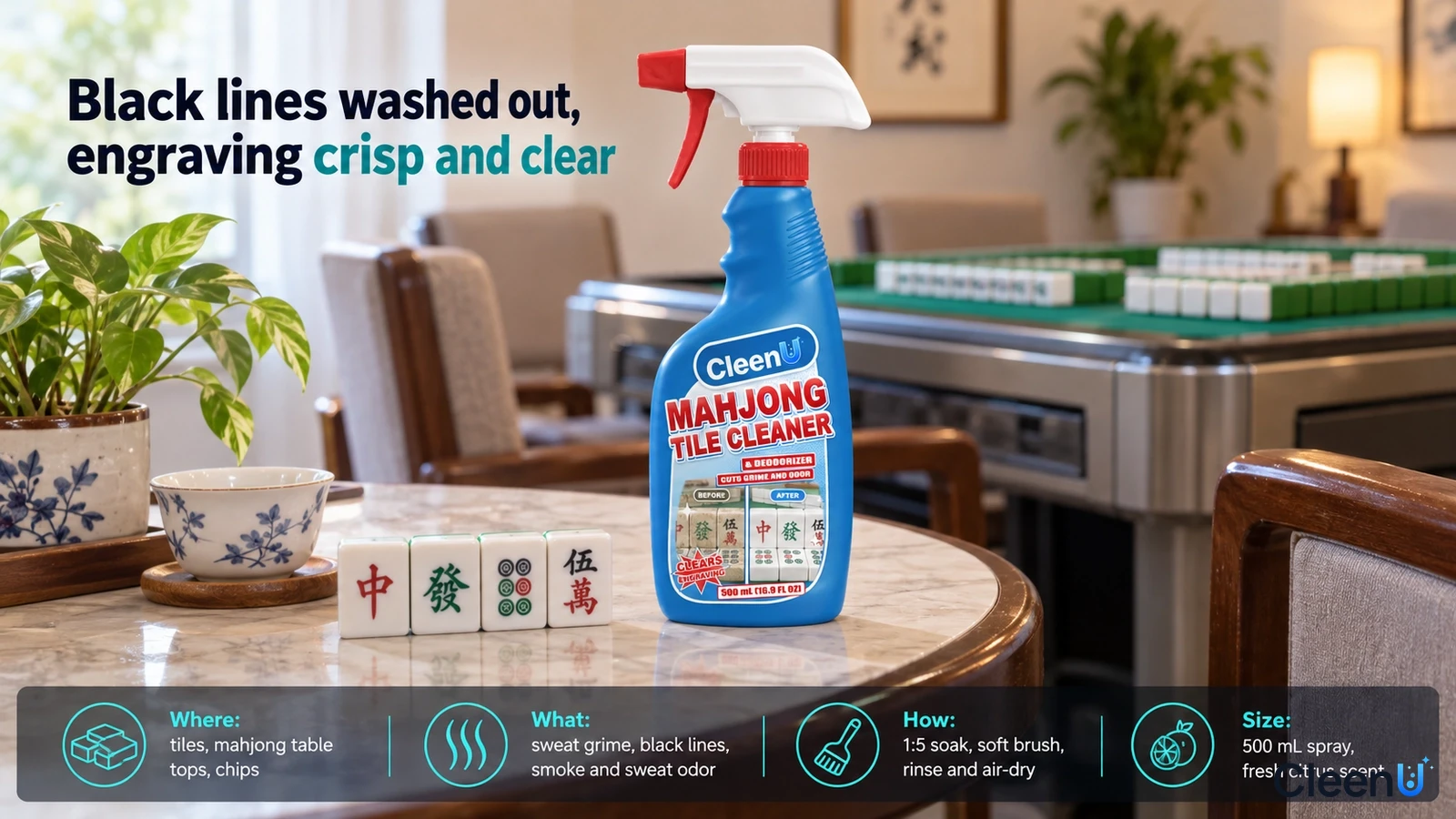 Illustration: A blue cleaner bottle and mahjong tiles on a small table beside a mahjong table.