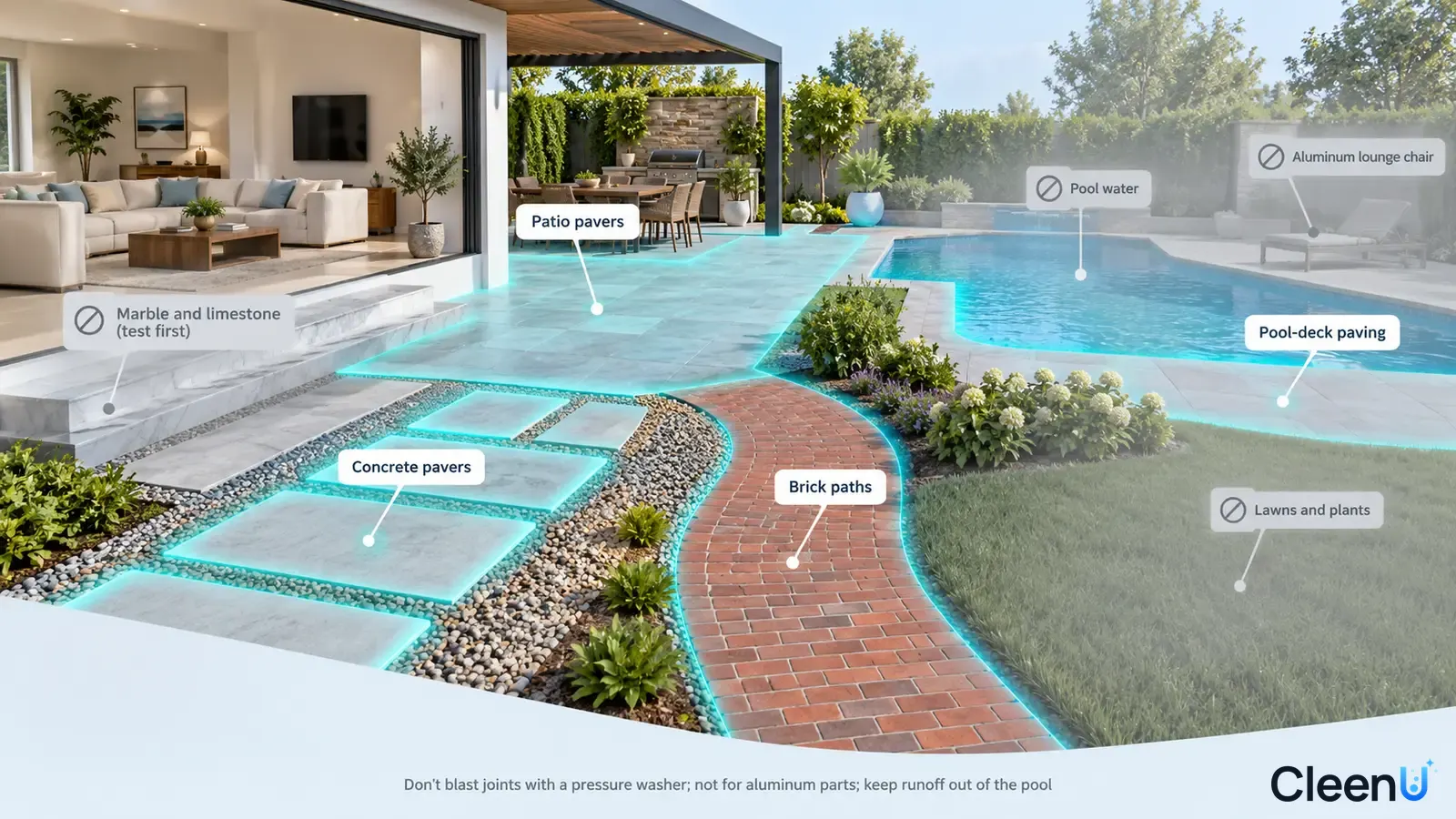 Illustration: Highlighted patio, poolside paving and garden paths beside material precautions.