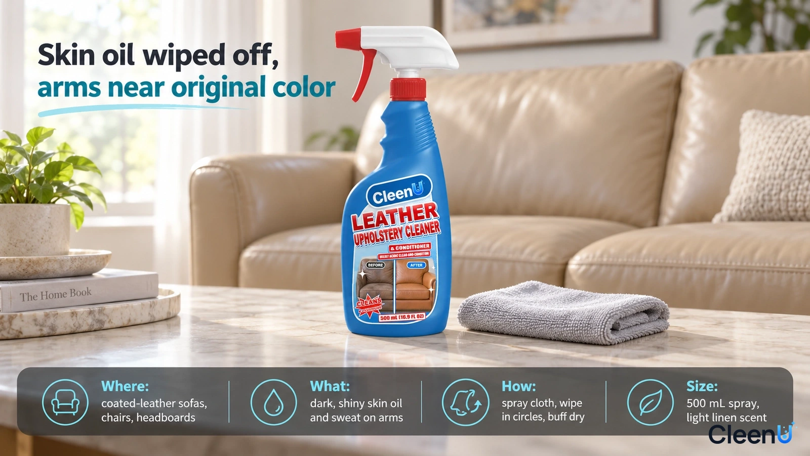 Illustration: A blue cleaner bottle and gray cloth on a coffee table in front of a leather sofa.
