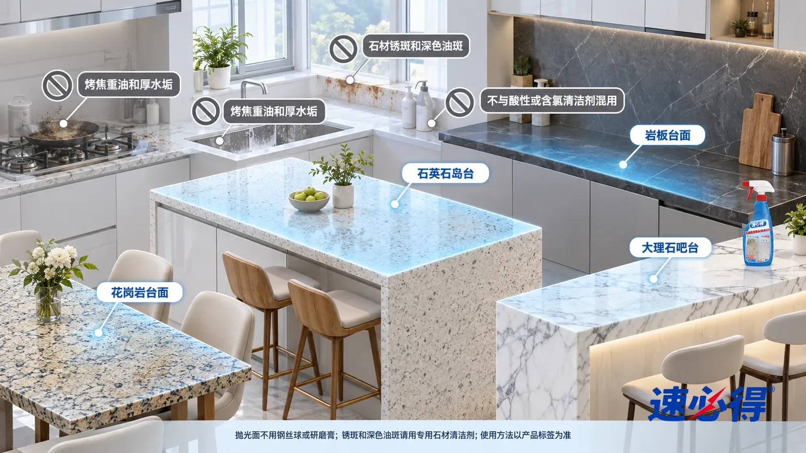 示意图：速必得花岗岩石英台面清洁剂——一张写实 3D 剖面实景图，一套明亮的家的厨房、餐厅和吧台区域，连续空间、一个视角，不出现瓶子：花岗岩台面、石英石岛台、大理石吧台