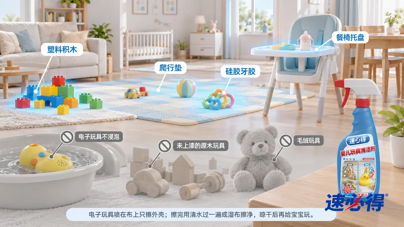 示意图:速必得婴儿玩具清洁剂——一张写实 3D 剖面实景图,一套明亮的家的儿童房、客厅和餐厅区域,连续空间、一个视角和人:塑料积木、硅胶牙胶环、宝宝餐椅托盘