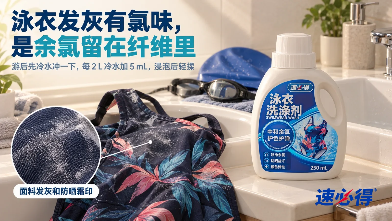 示意图:速必得泳衣洗涤剂——一个家常卫生间洗手台,刚游泳回来,一件深色印花连体泳衣(没有品牌标志)搭在白色洗衣盆边,旁边一只泳镜和一顶硅胶泳帽,标题“泳衣发灰有氯味,是余氯留在纤维里”