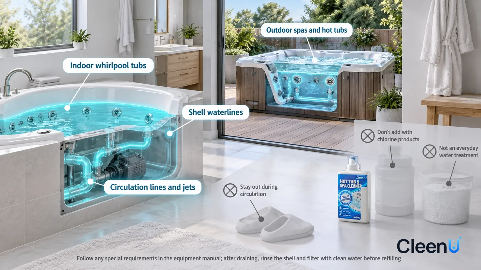 Illustration: CleenU Hot Tub & Spa Cleaner — A realistic 3D cutaway of a bright home's main bathroom and backyard deck, one continuous space from one viewpoint