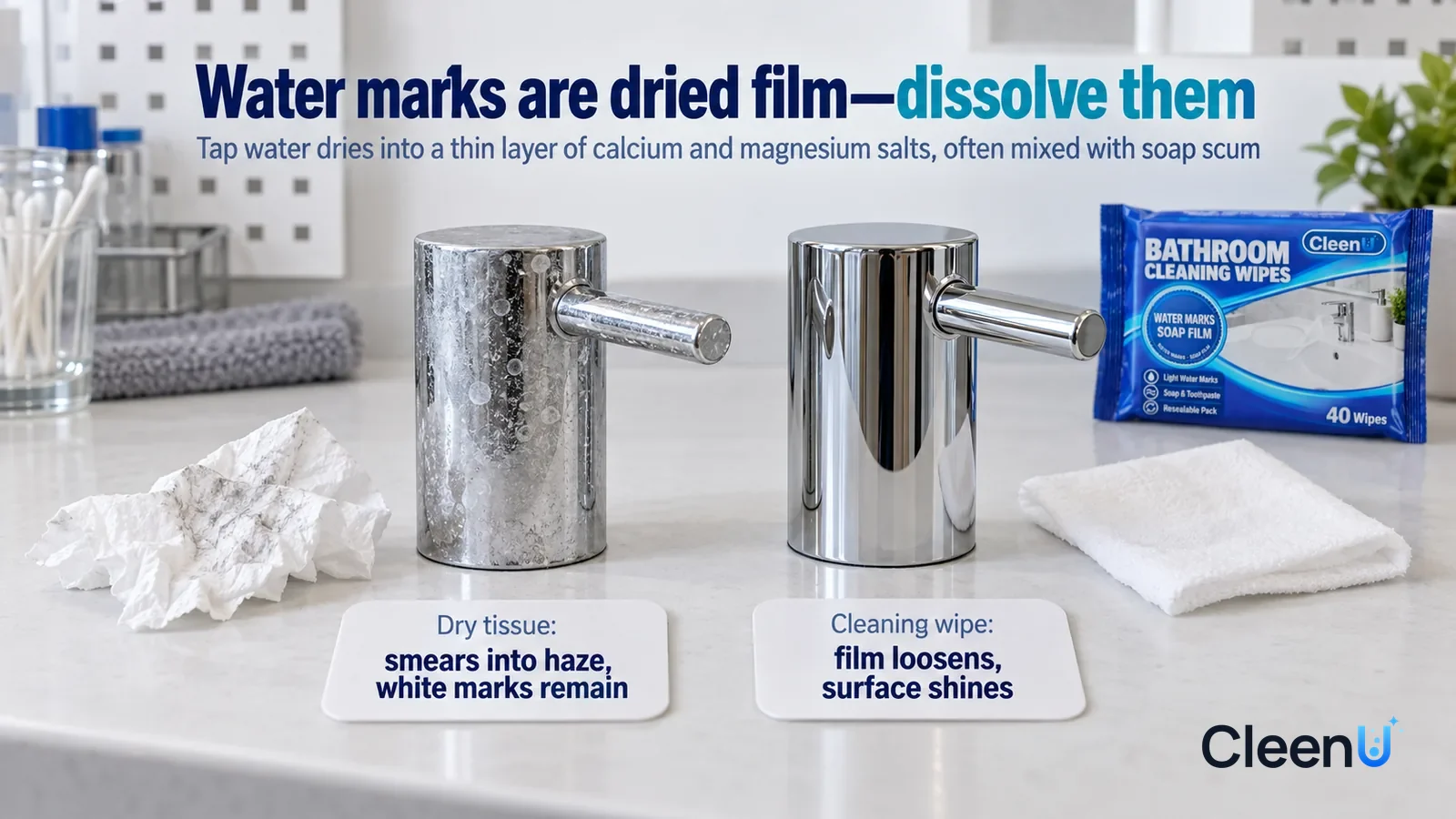 Illustration: CleenU Bathroom Cleaning Wipes — A landscape medium close-up of a small experiment in a cleaning lab: two identical chrome metal samples side by side on a white test bench Headline: "Wat