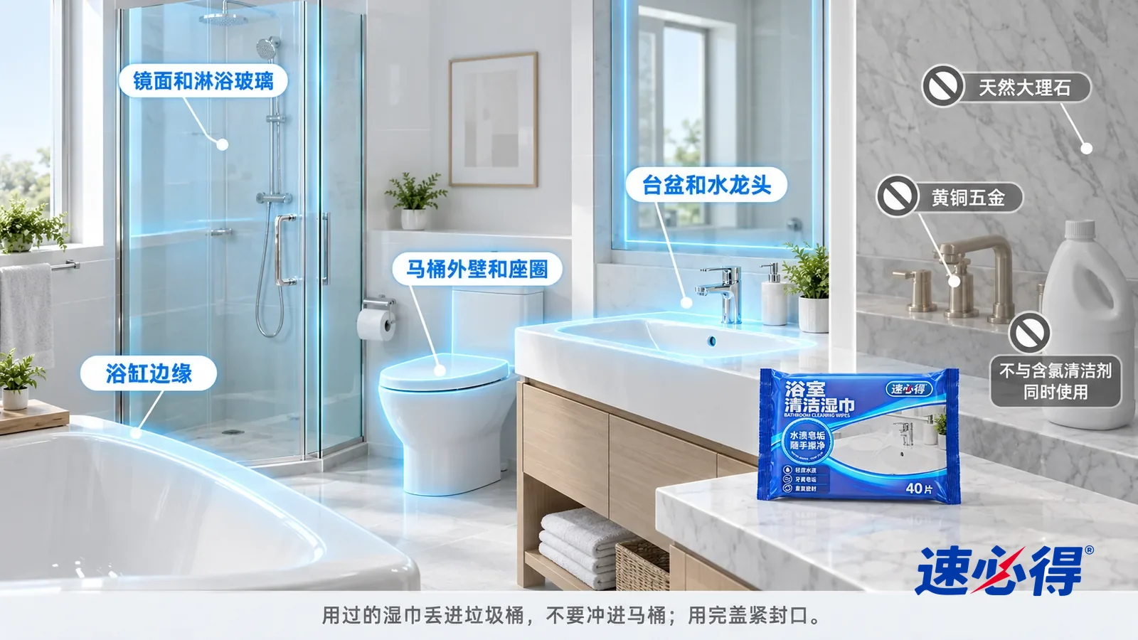 示意图:速必得浴室清洁湿巾——一张写实 3D 剖面实景图,一套明亮的家的主卫和次卫区域,连续空间、一个视角:白色陶瓷台盆和镀铬龙头、镜面和淋浴玻璃、马桶外壁和座圈