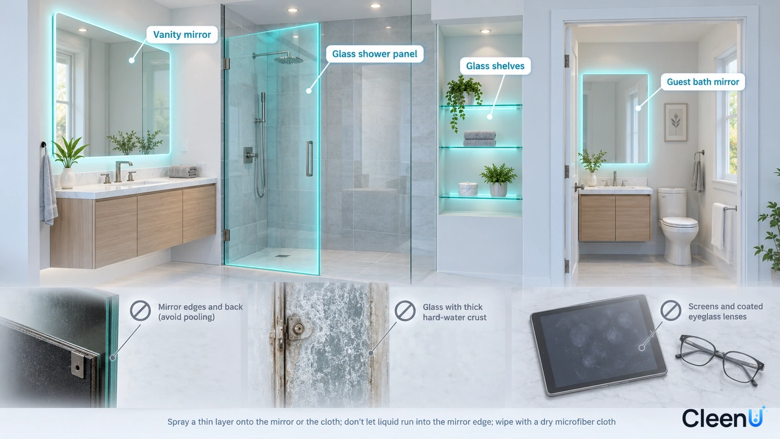 Illustration: Highlighted bathroom mirrors and glass areas beside precaution icons for special surfaces and electronics.